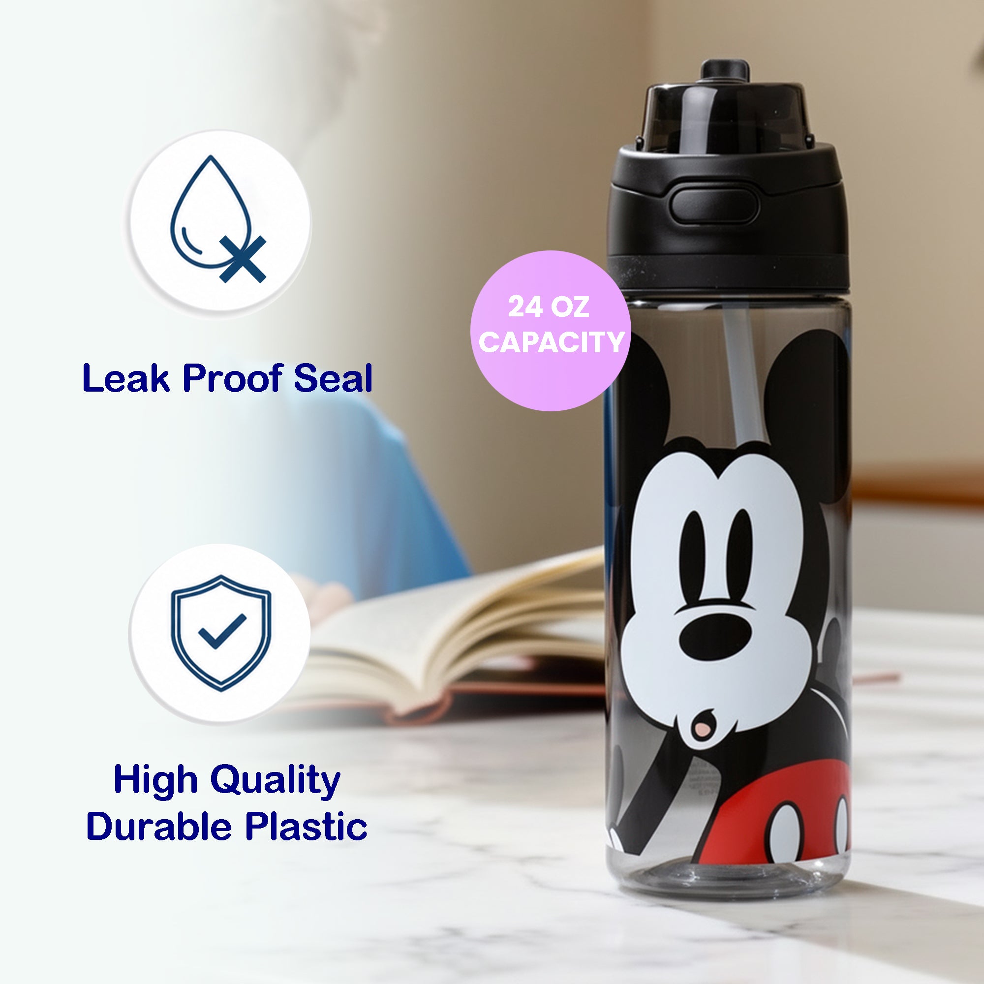 Mickey Mouse Classic Mickey Face Black 24 Oz Plastic Water Bottle With Dual Spout Lid