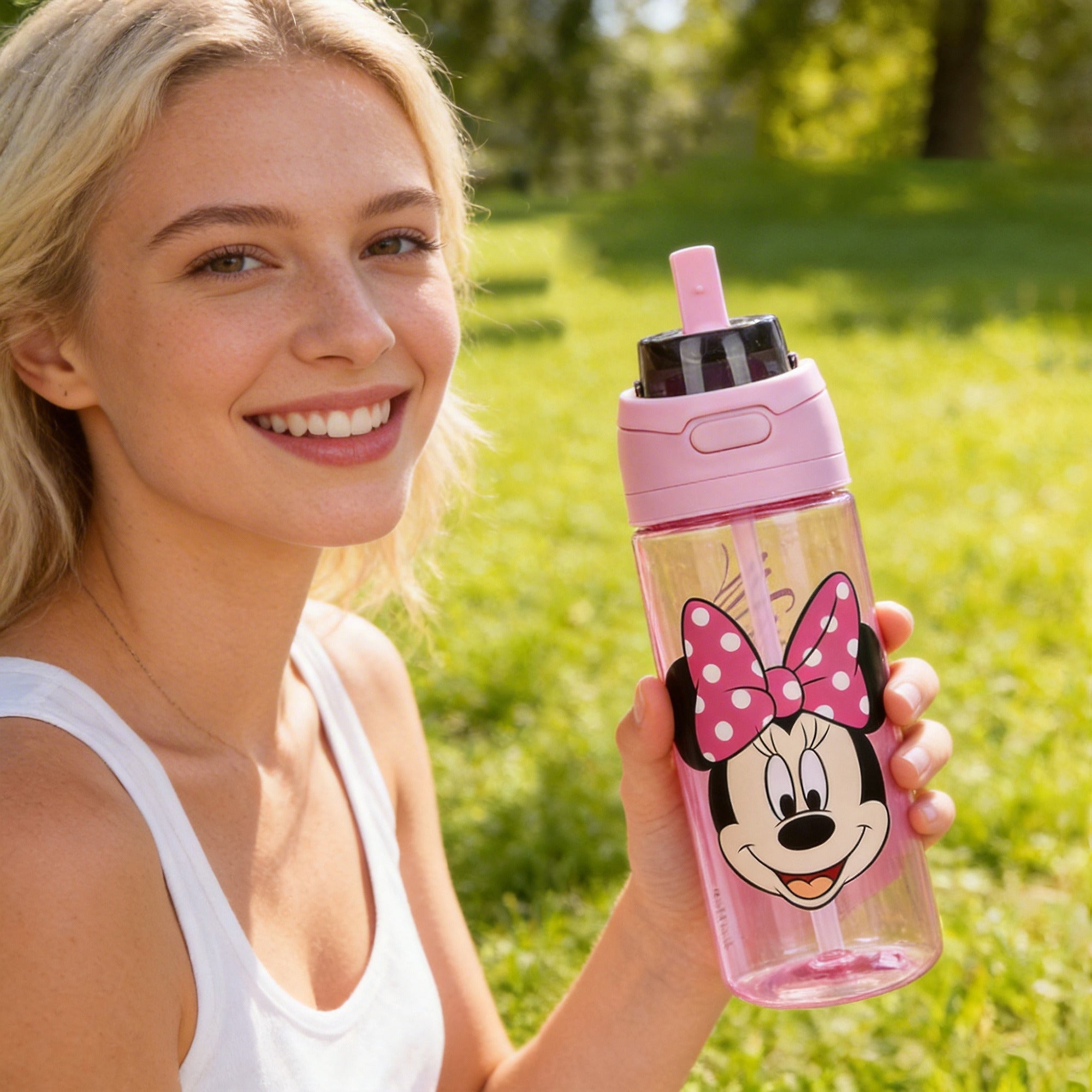 Minnie Mouse Classic Big Face Pink 24 Oz Plastic Water Bottle With Dual Spout Lid