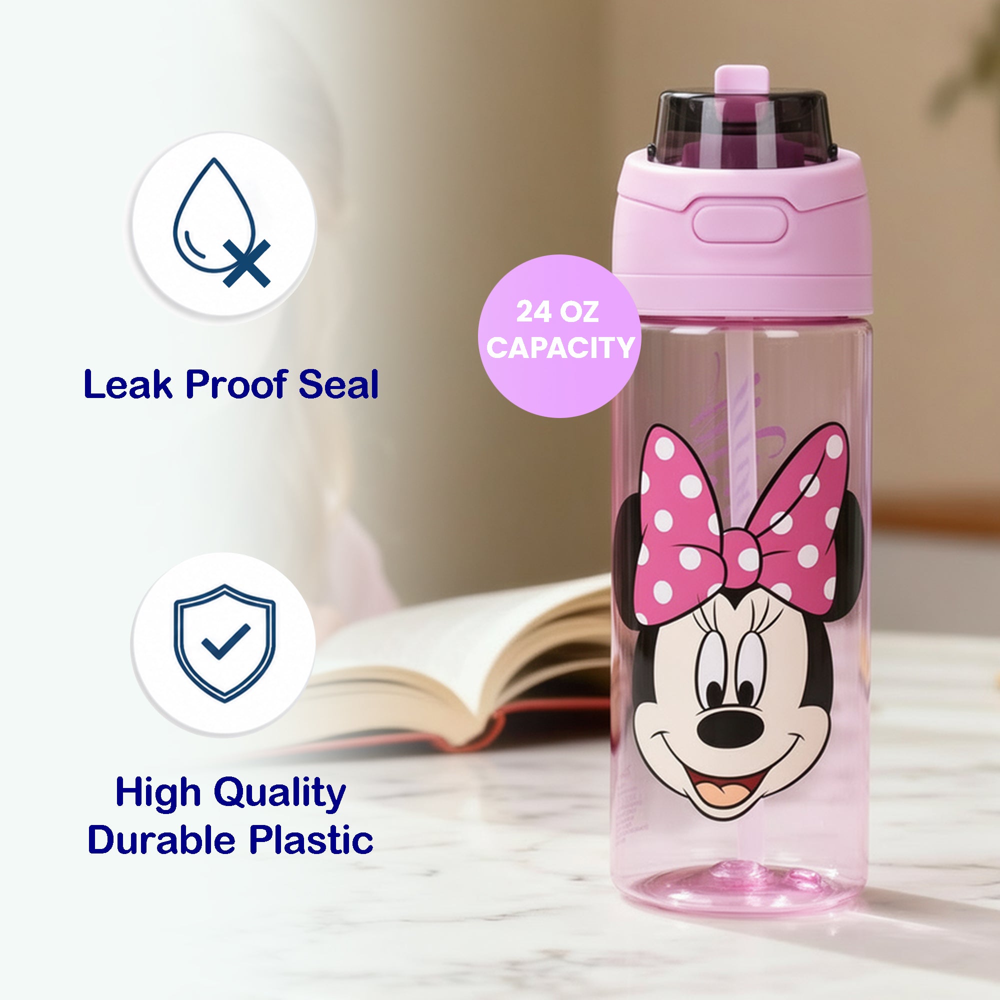 Minnie Mouse Classic Big Face Pink 24 Oz Plastic Water Bottle With Dual Spout Lid