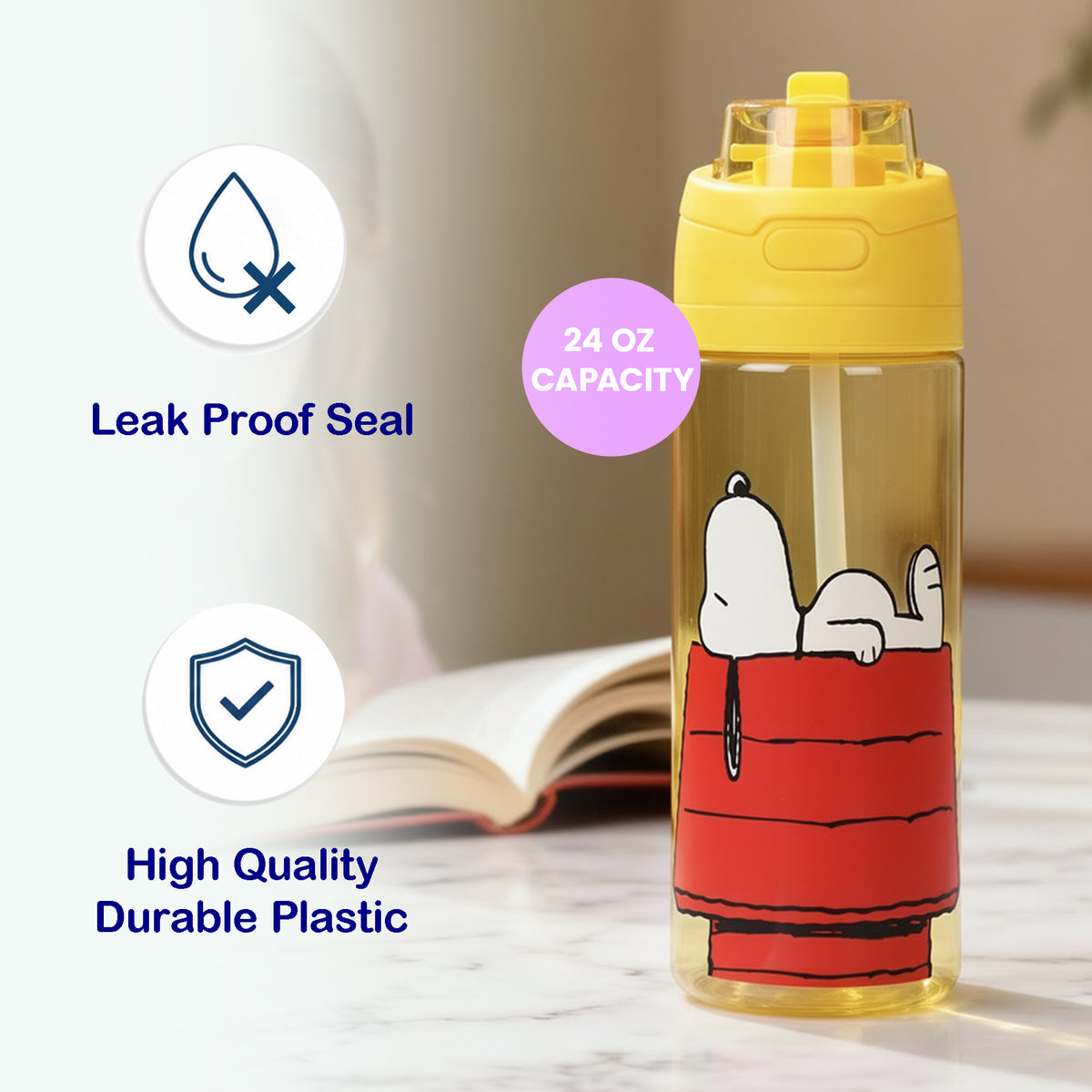 Peanuts Snoopy Dog House Yellow 24 Oz Plastic Water Bottle With Dual Spout Lid