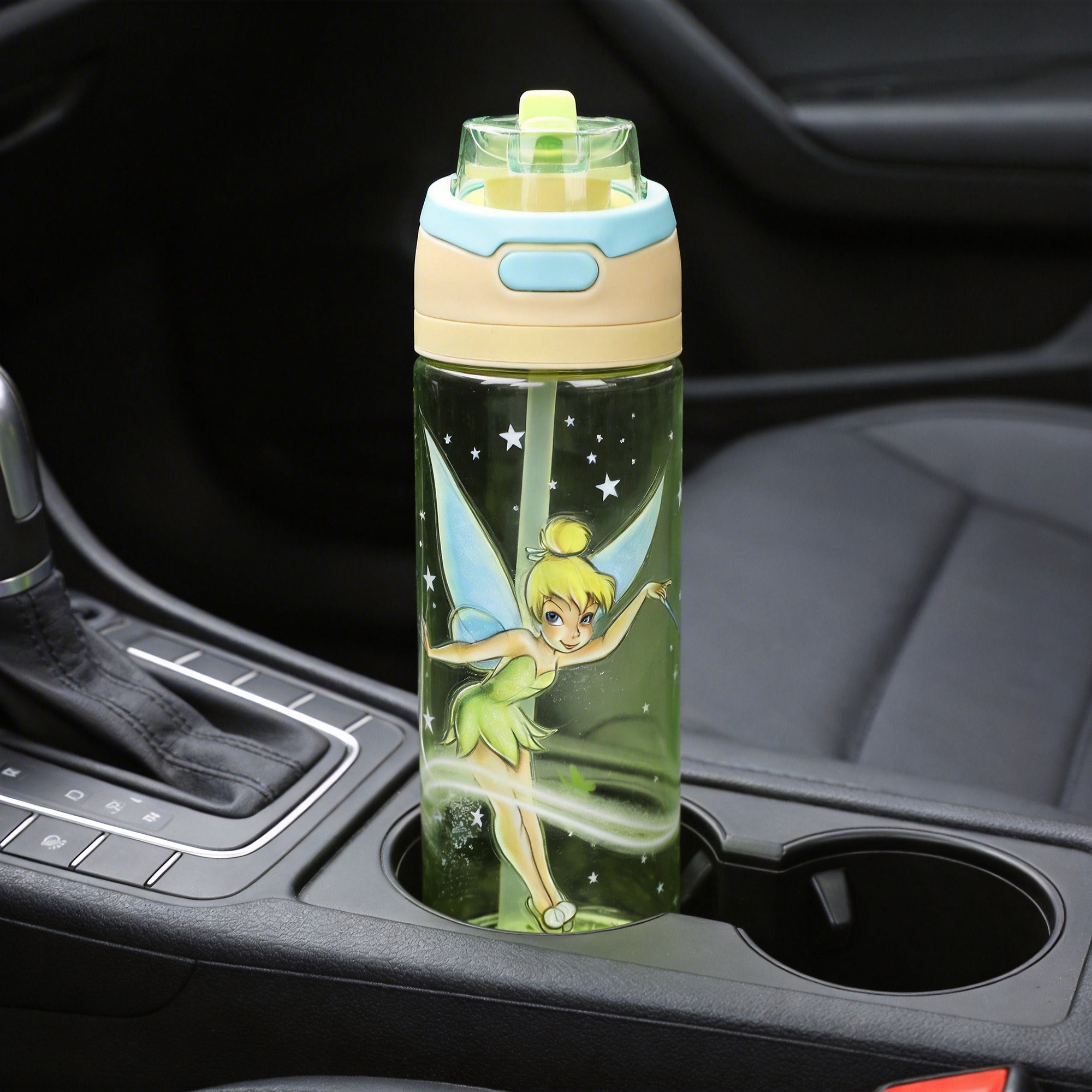 Tinker Bell Character Art Green 24 Oz Plastic Water Bottle With Dual Spout Lid