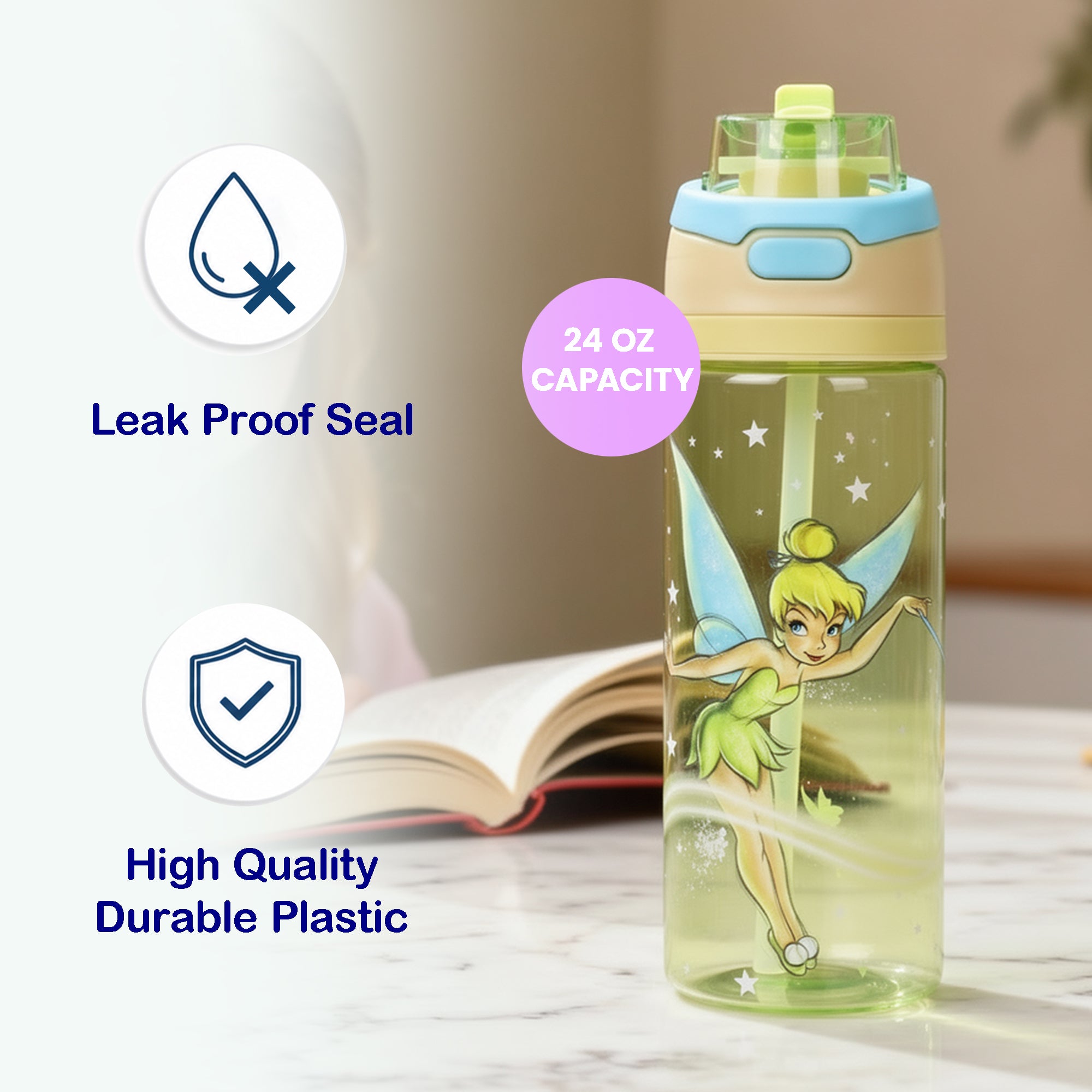 Tinker Bell Character Art Green 24 Oz Plastic Water Bottle With Dual Spout Lid