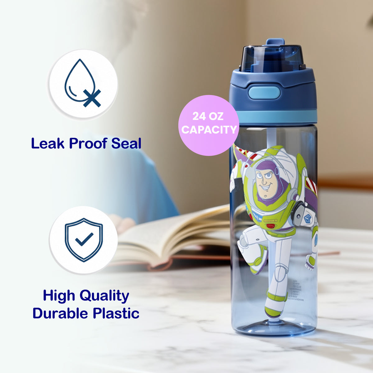 Toy Story Buzz Lightyear Plastic Water Bottle, Navy Blue, 24 oz