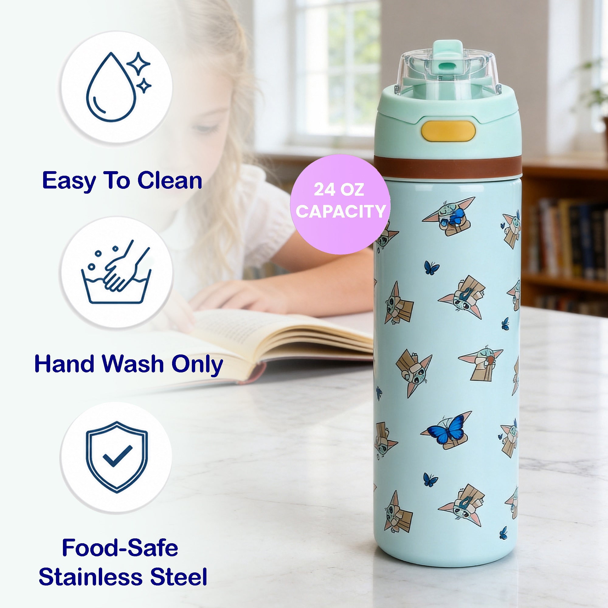 The Mandalorian Grogu All-Over Print Blue 24 Oz Stainless Steel Water Bottle