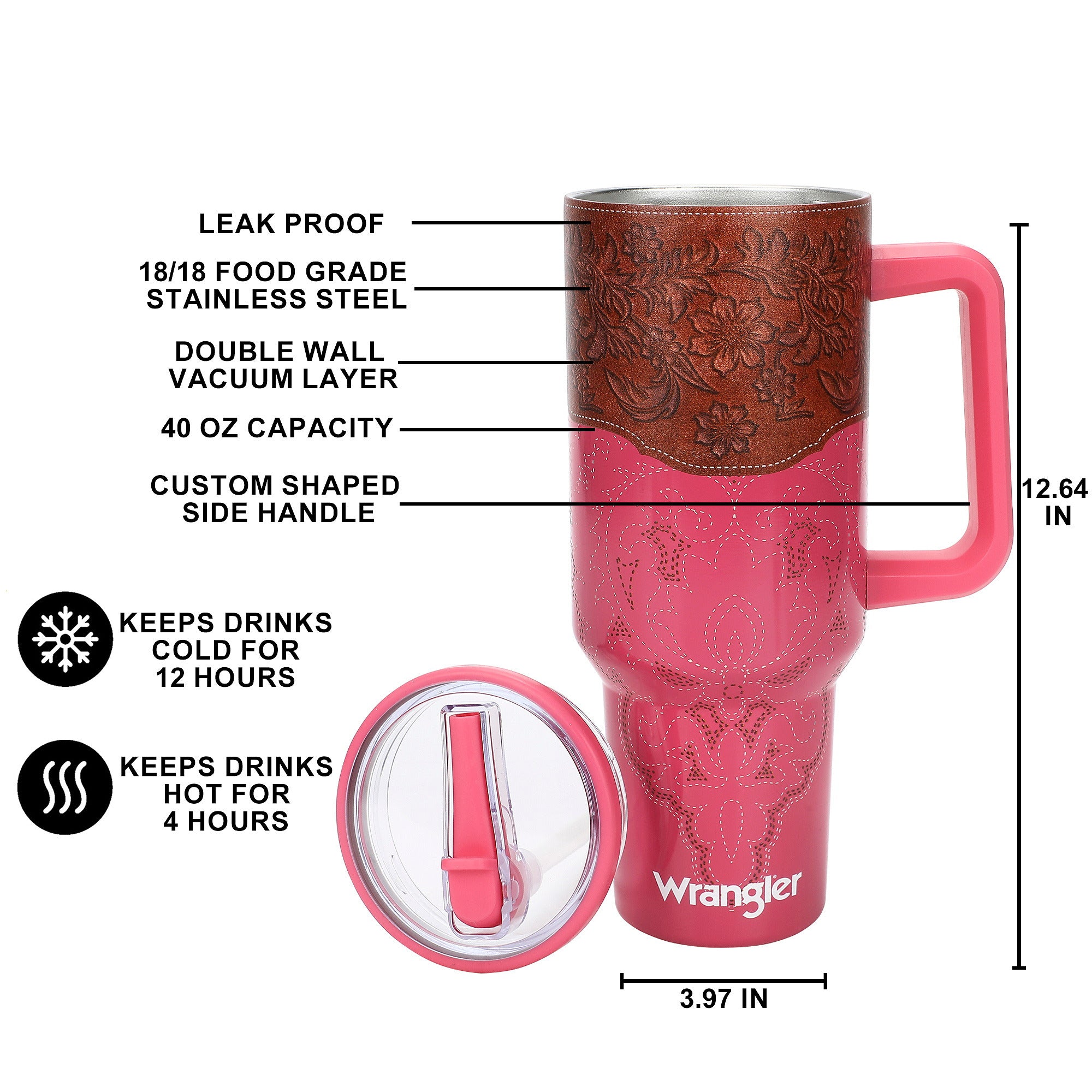 Wrangler Pink & Gold Western Pattern 40 Oz Stainless Steel Water Bottle