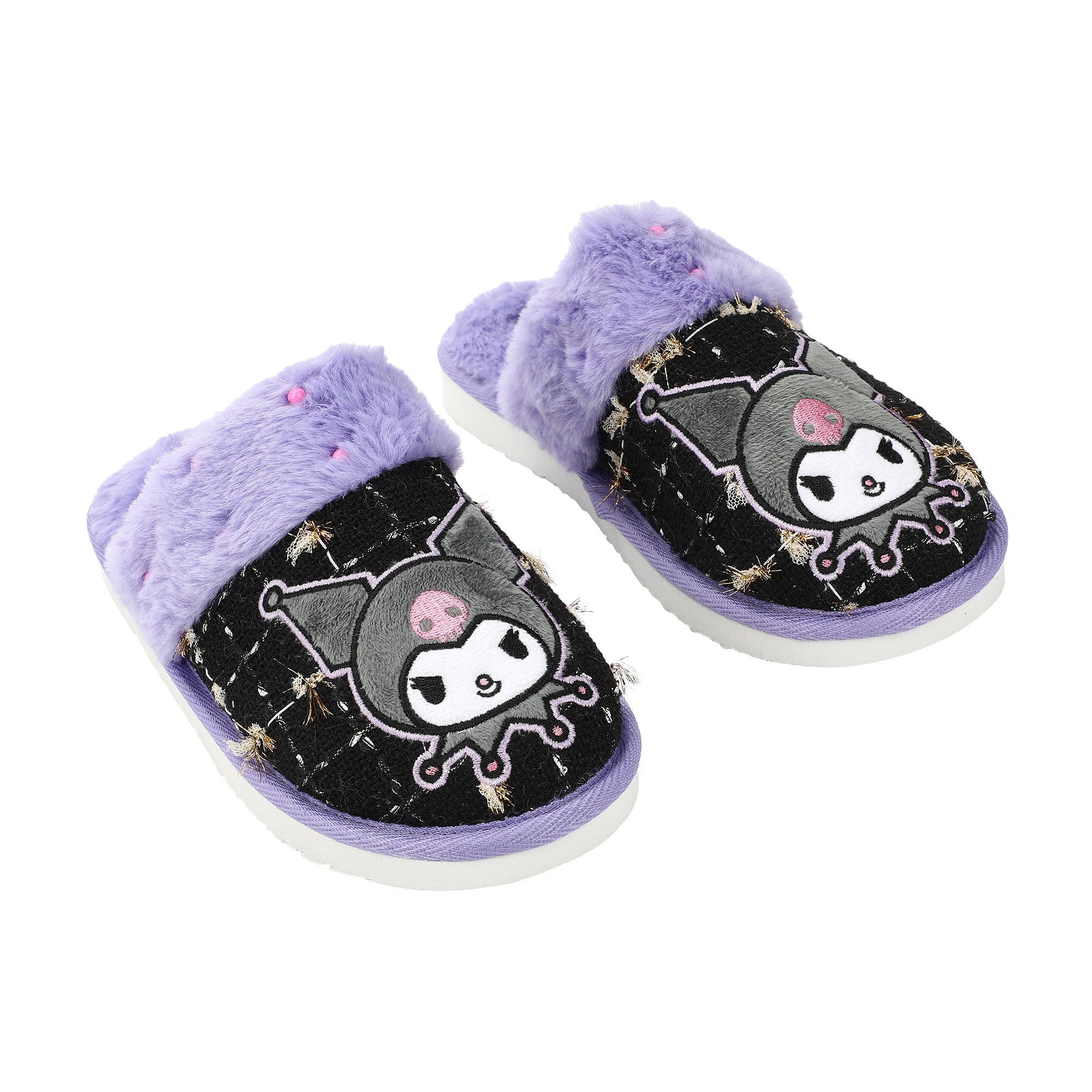 Kuromi Character & Rhinestones Women's Black Tweed Mules