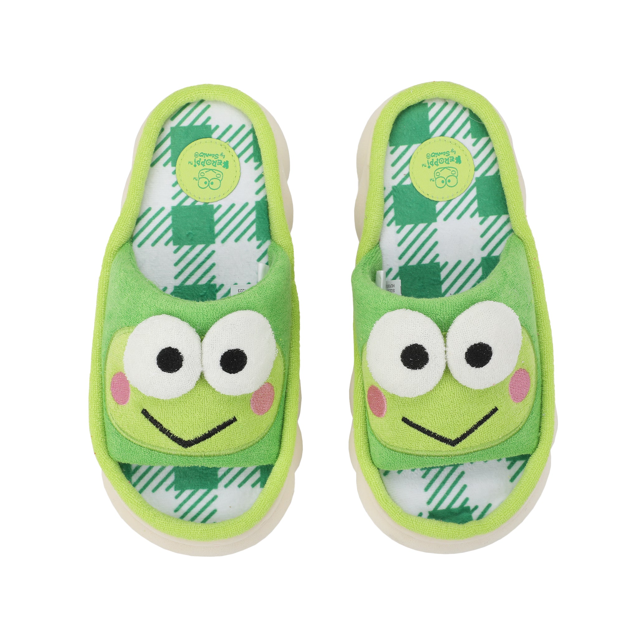 Keroppi 3D Character Face Art Women's Green & White Plaid Open-Toed Slide Slippers