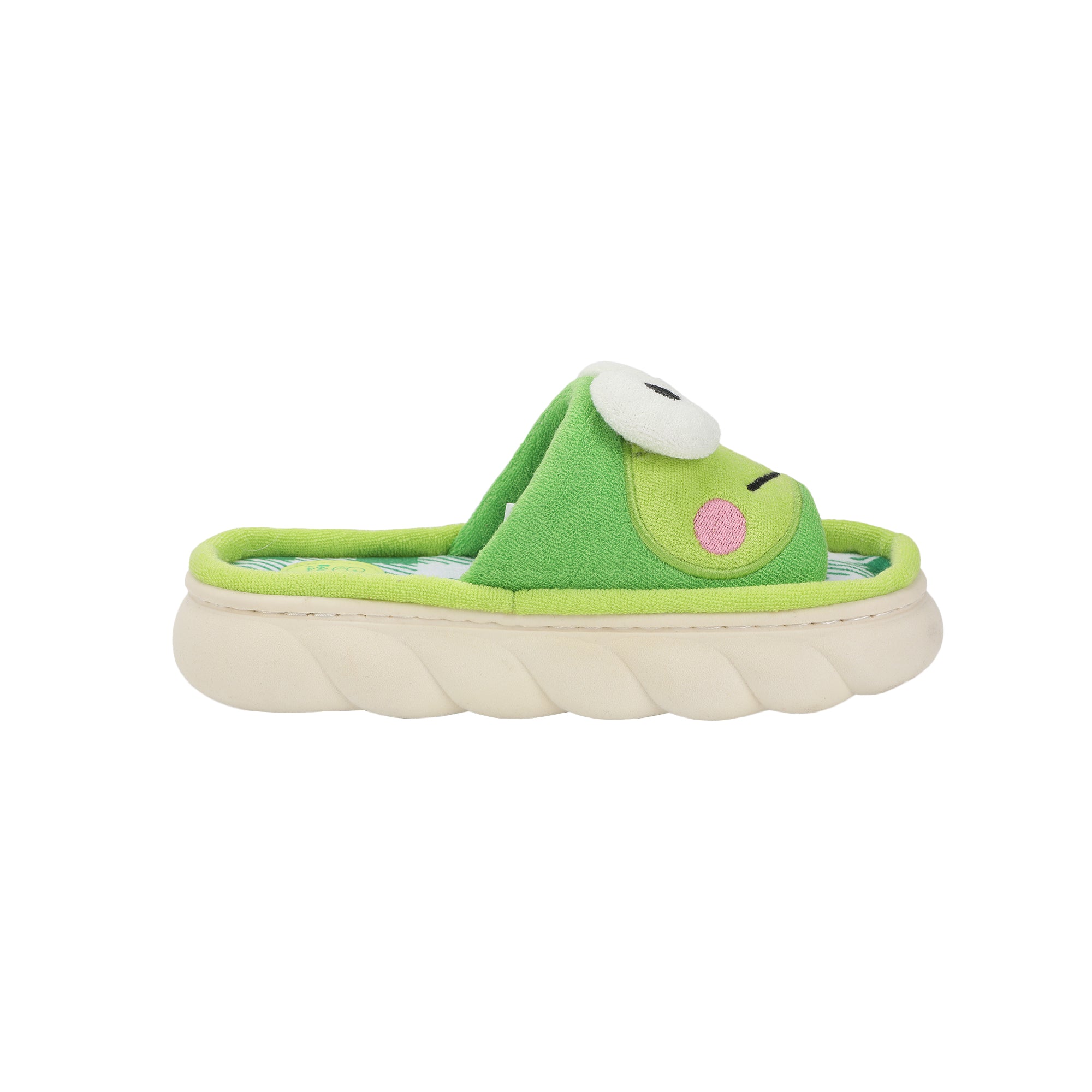 Keroppi 3D Character Face Art Women's Green & White Plaid Open-Toed Slide Slippers
