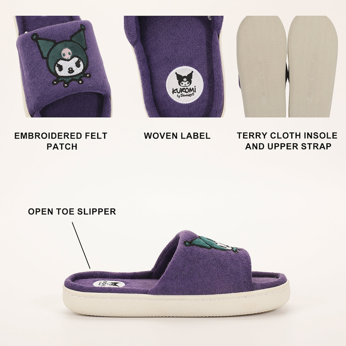 Kuromi Head Patch Women's Purple Open Toe Slipper