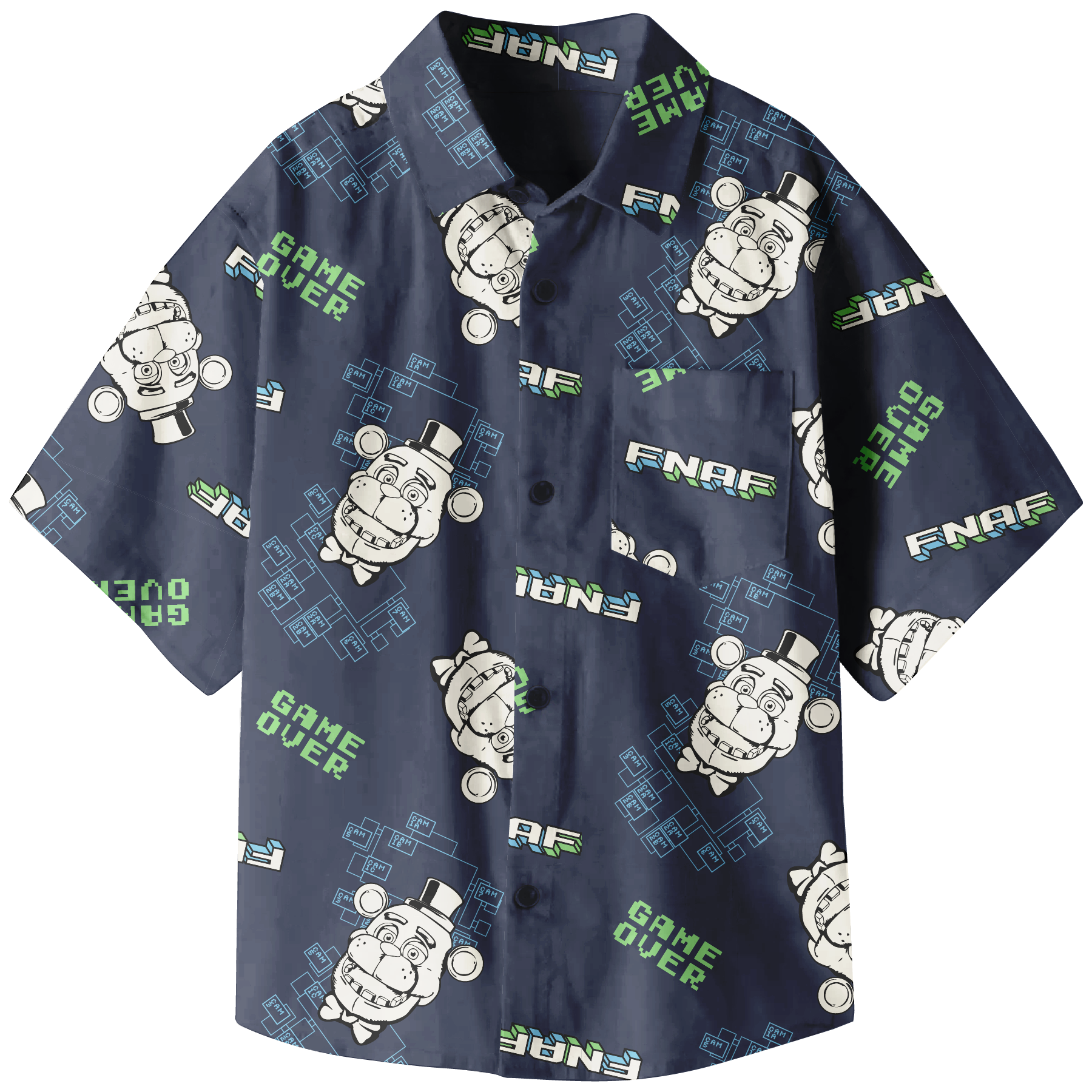 Five Nights At Freddy's Freddy Game Over All-Over Print Boy's Navy Short Sleeve Button-Down Shirt
