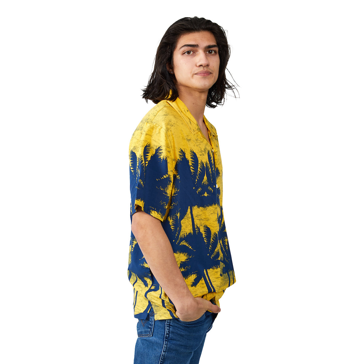 Corona Palm Tree Silhouettes Short Sleeve Woven Button-Down Yellow Men's Shirt