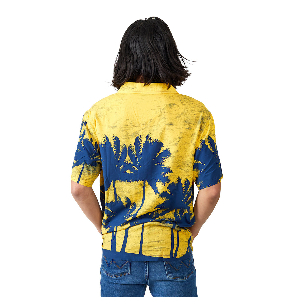 Corona Palm Tree Silhouettes Short Sleeve Woven Button-Down Yellow Men's Shirt