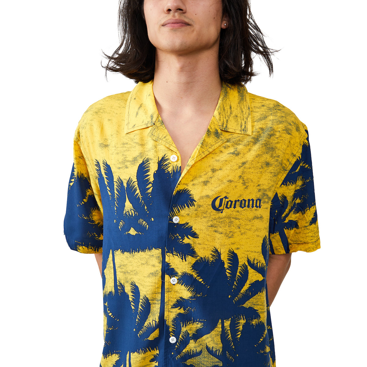 Corona Palm Tree Silhouettes Short Sleeve Woven Button-Down Yellow Men's Shirt