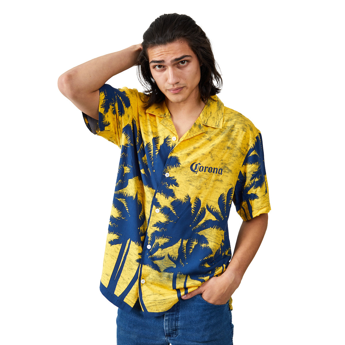 Corona Palm Tree Silhouettes Short Sleeve Woven Button-Down Yellow Men's Shirt