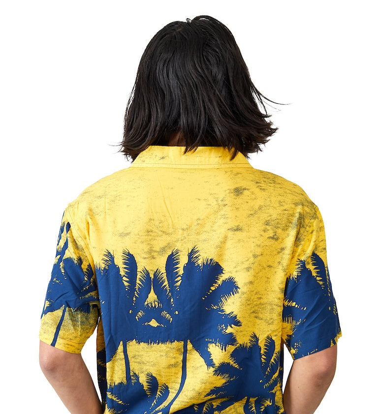 Corona Palm Tree Silhouettes Short Sleeve Woven Button-Down Yellow Men's Shirt