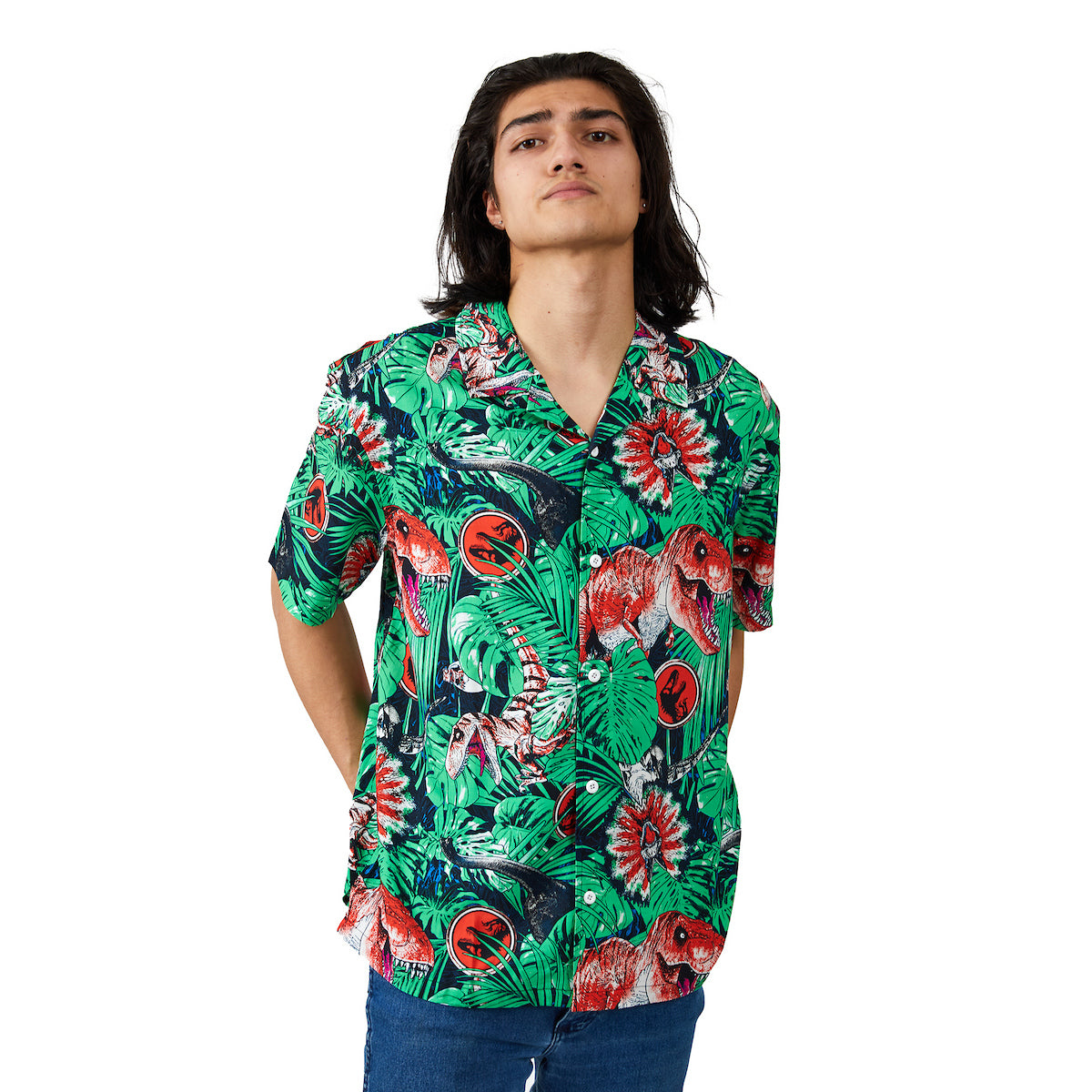Jurassic Park Dinosaurs & Jungle Foliage AOP Short Sleeve Woven Button-Down Men's Shirt