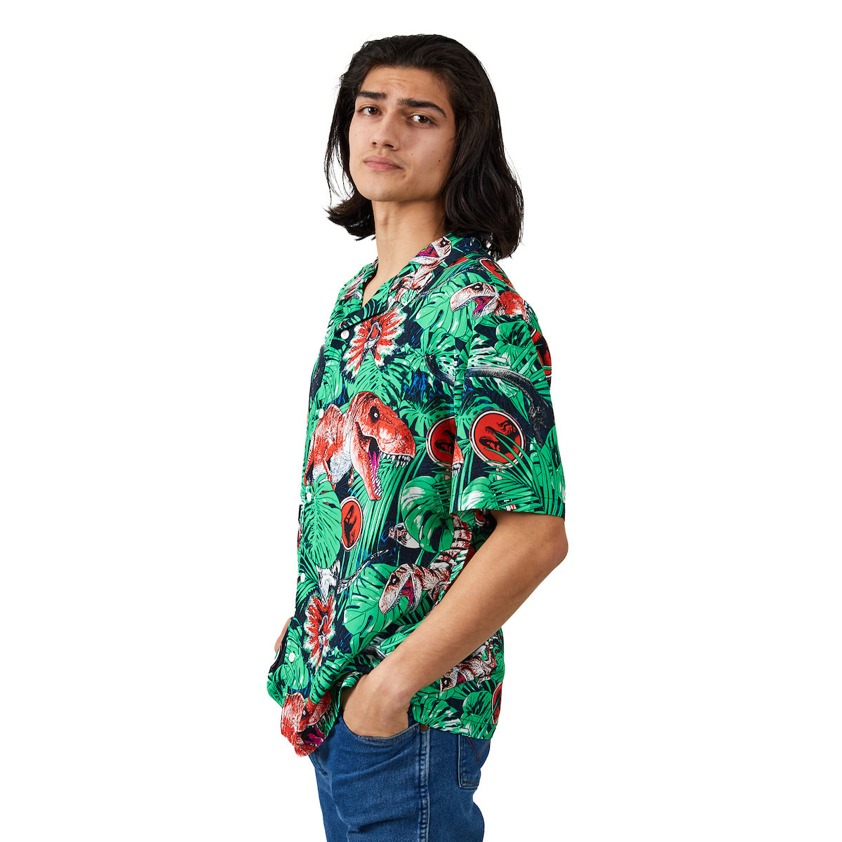 Jurassic Park Dinosaurs & Jungle Foliage AOP Short Sleeve Woven Button-Down Men's Shirt