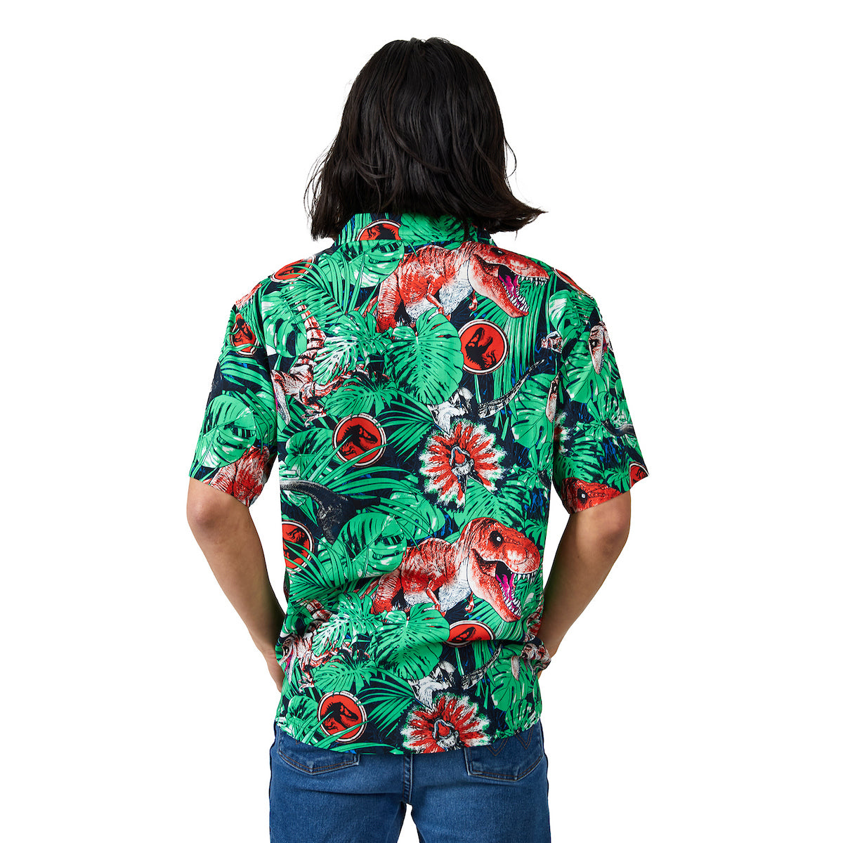 Jurassic Park Dinosaurs & Jungle Foliage AOP Short Sleeve Woven Button-Down Men's Shirt