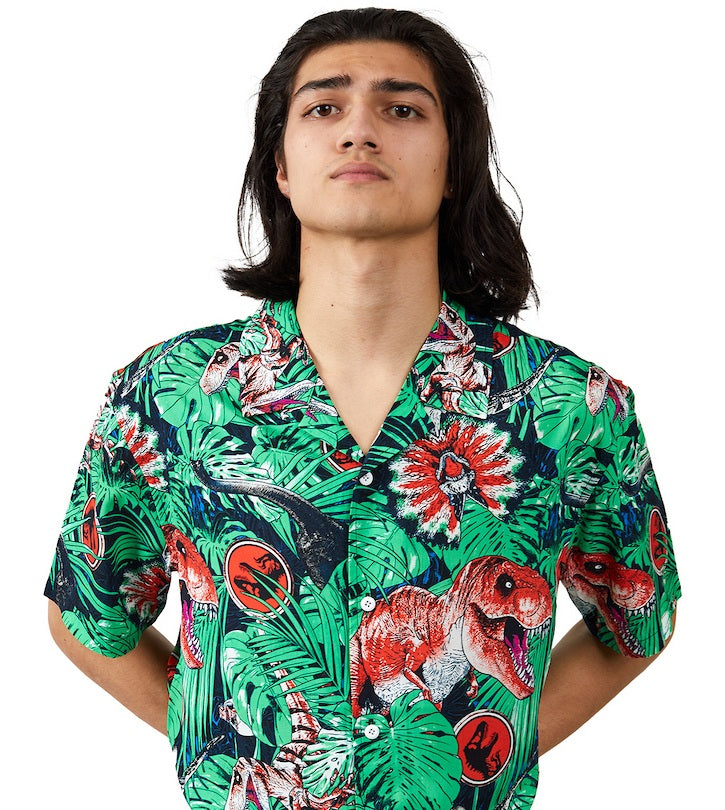 Jurassic Park Dinosaurs & Jungle Foliage AOP Short Sleeve Woven Button-Down Men's Shirt