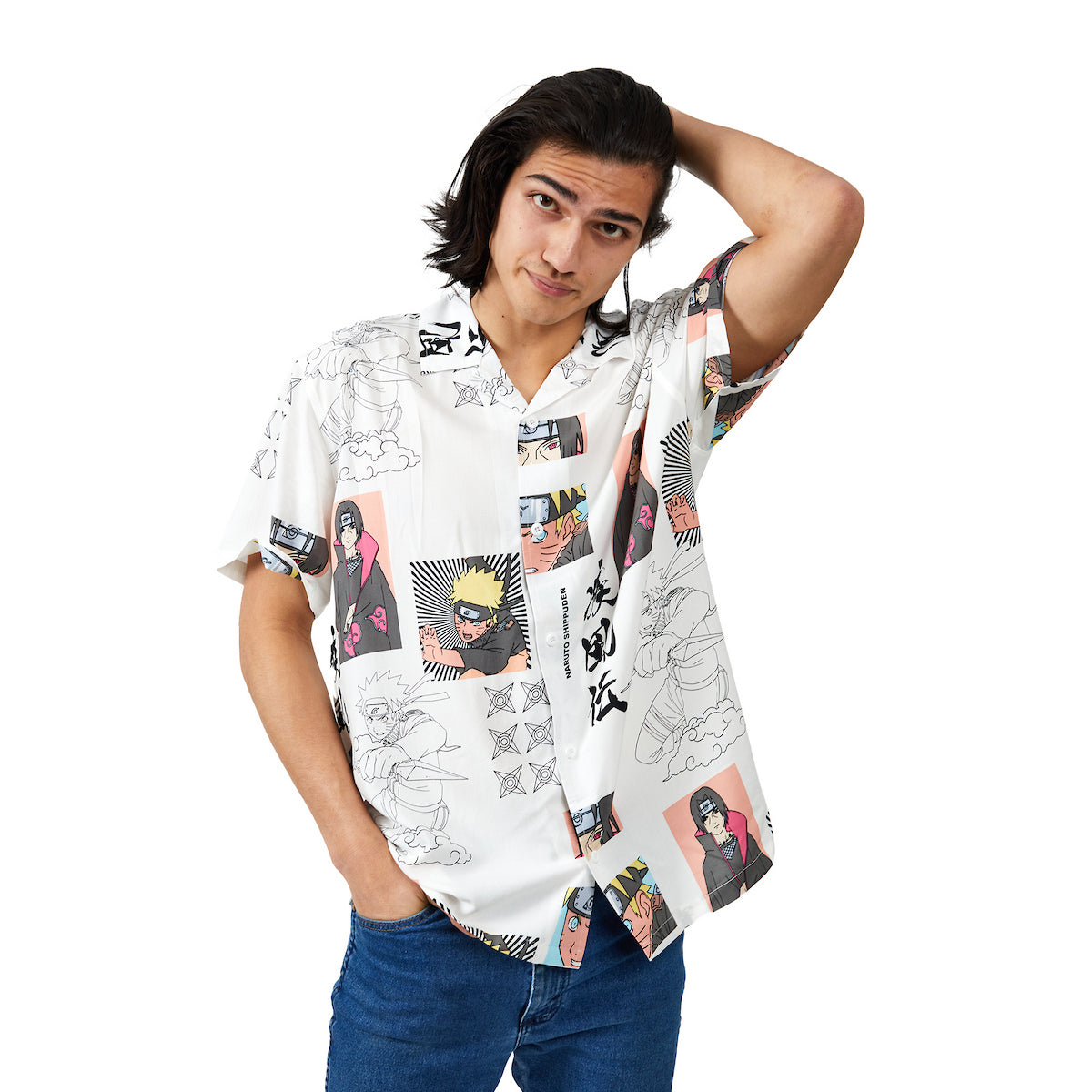 Naruto Anime Screenshots Shurikens & Character Line Art Short Sleeve Woven Button-Down Men's White Shirt
