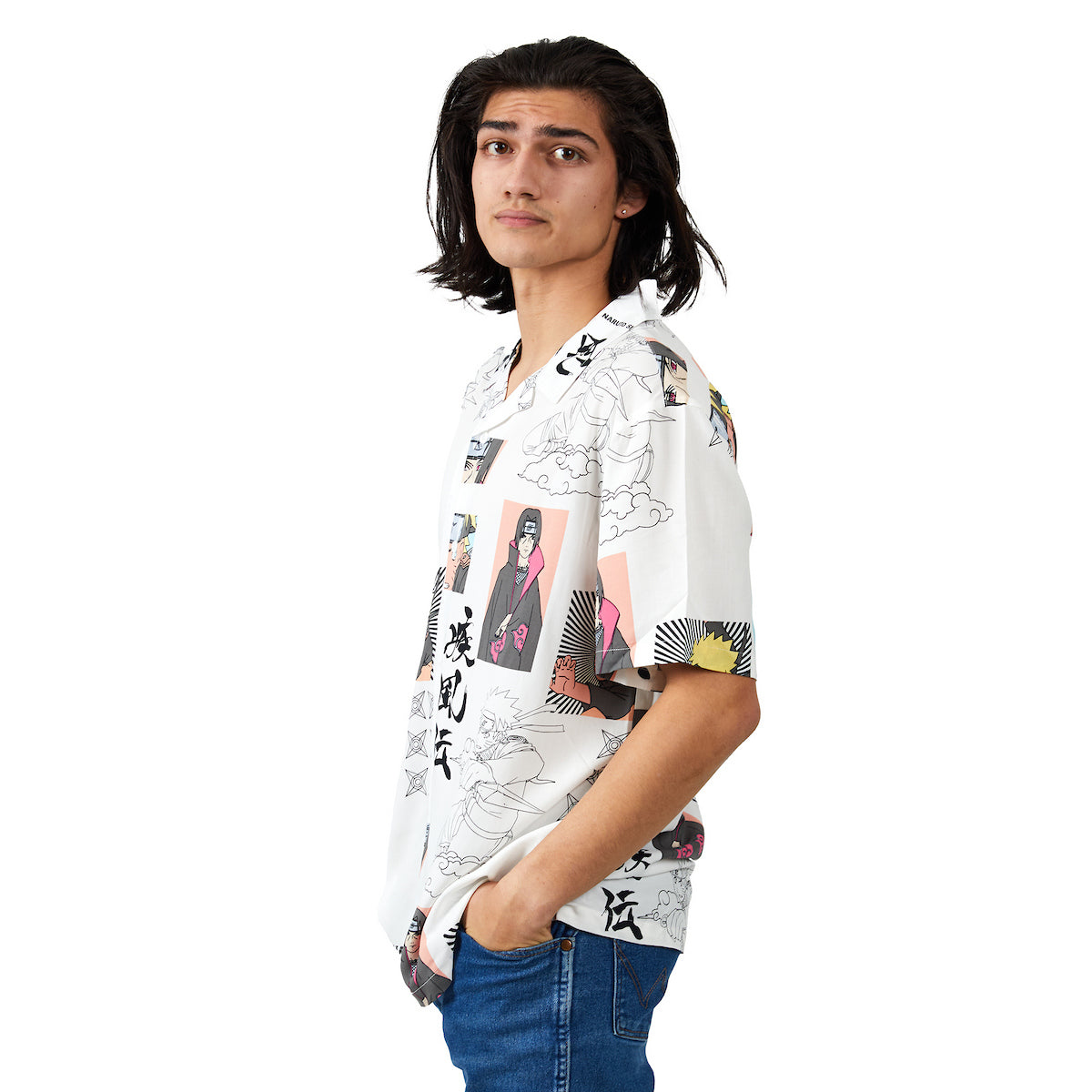 Naruto Anime Screenshots Shurikens & Character Line Art Short Sleeve Woven Button-Down Men's White Shirt