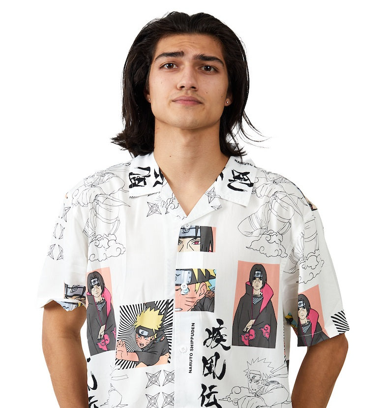 Naruto Anime Screenshots Shurikens & Character Line Art Short Sleeve Woven Button-Down Men's White Shirt