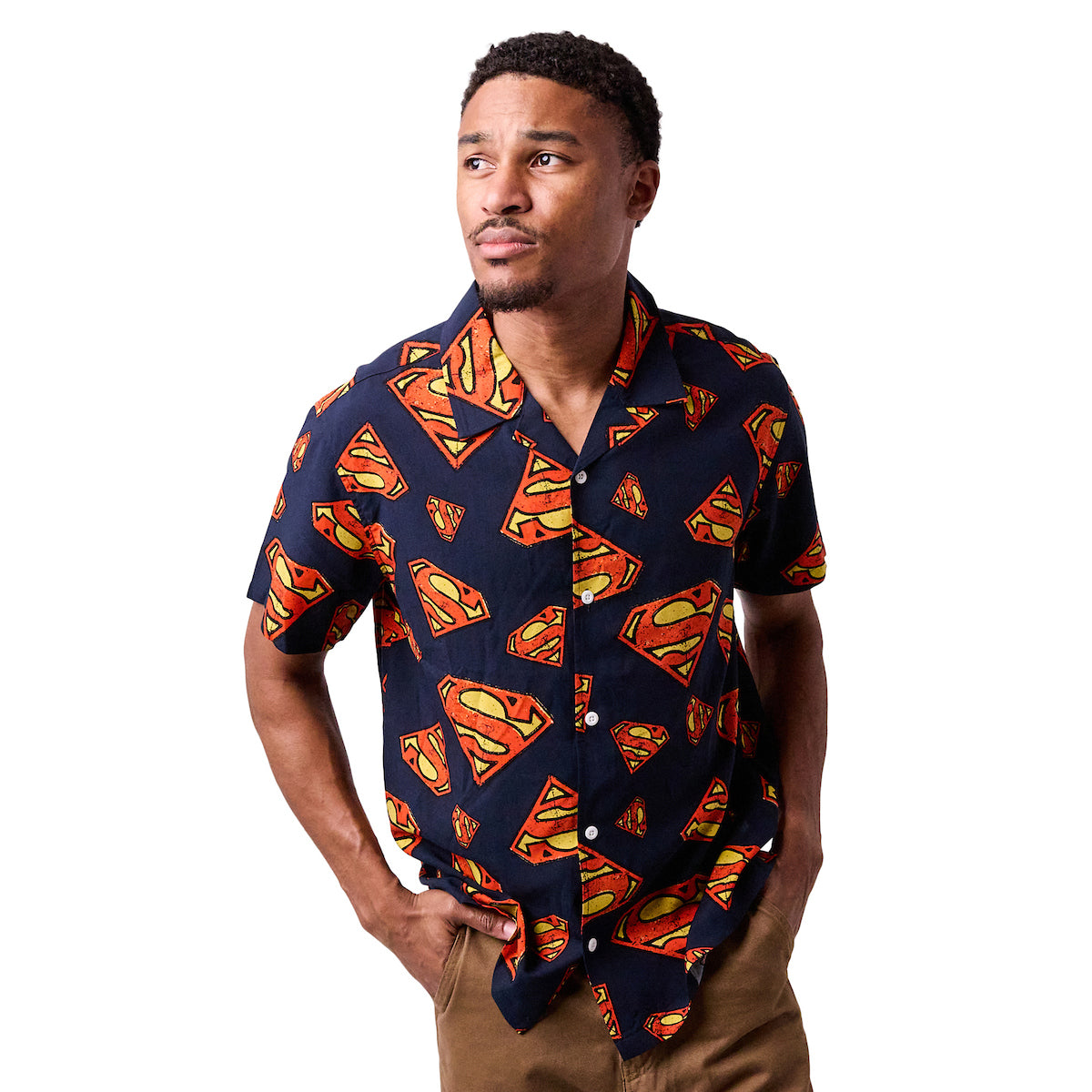 Superman S-Shield All-Over Print Men's Collared Button-Up Short Sleeve Shirt