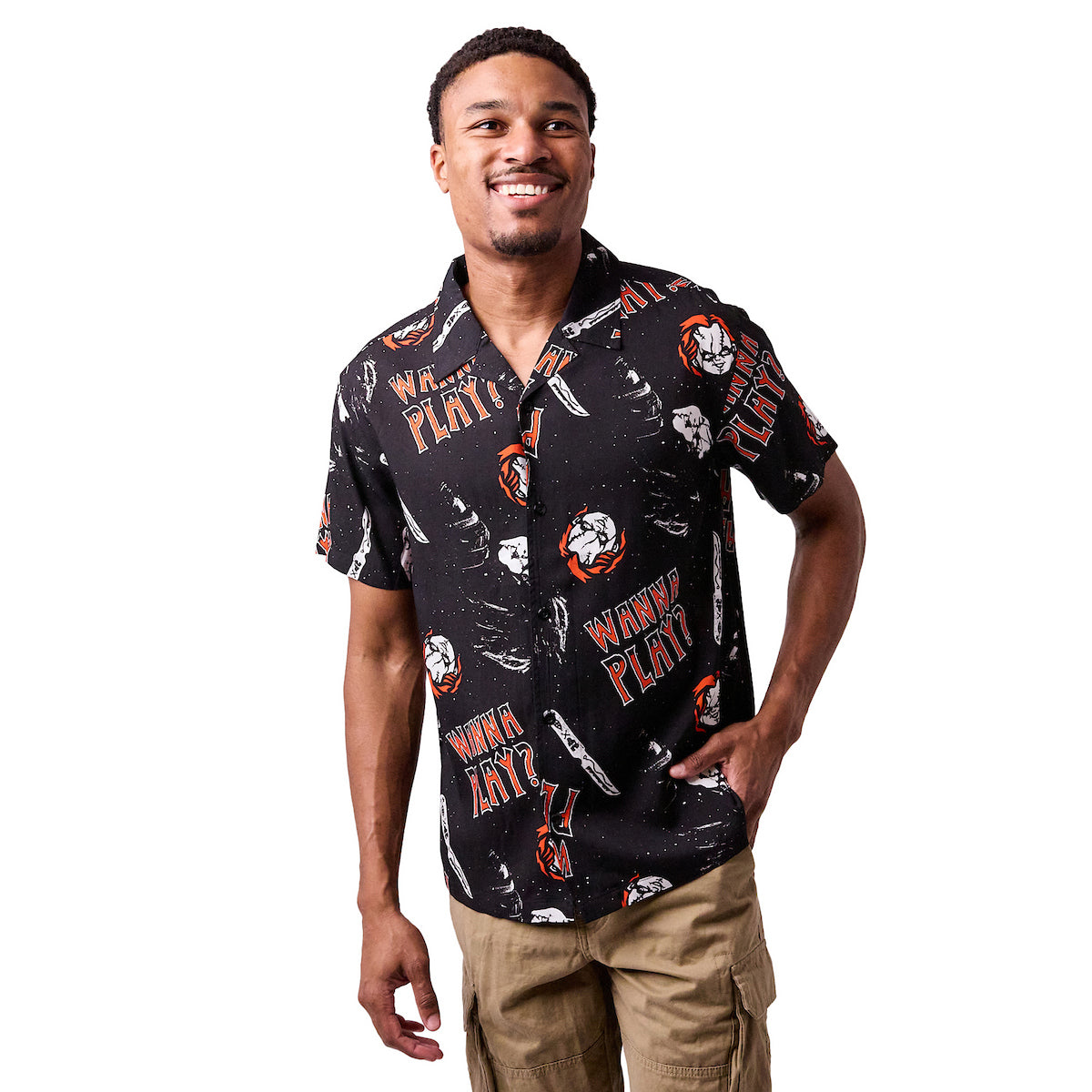 Chucky and Tiffany Heads AOP Black Woven Top Button Down Shirt