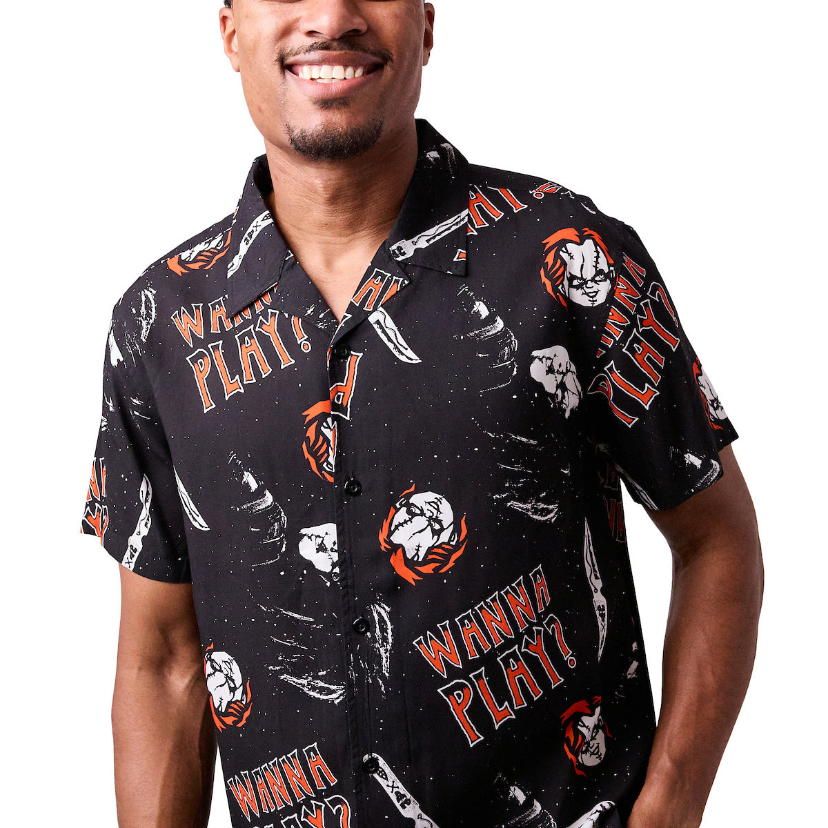Chucky and Tiffany Heads AOP Black Woven Top Button Down Shirt