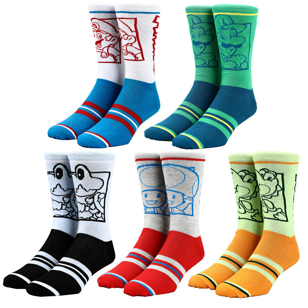Super Mario Split Mens Collectible  Crew Sock 5 pack