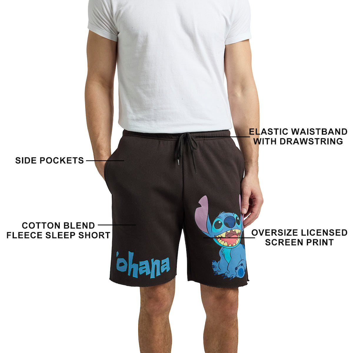 Lilo & Stitch Ohana Men's Black Cotton Fleece Lounge Shorts