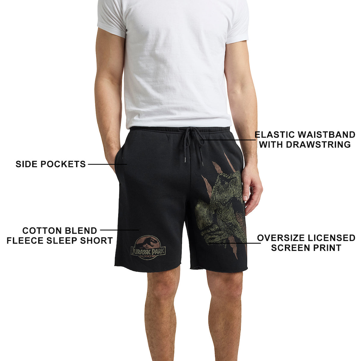 Jurassic Park T-Rex & Logo Men's Black Sleep Pajama Shorts