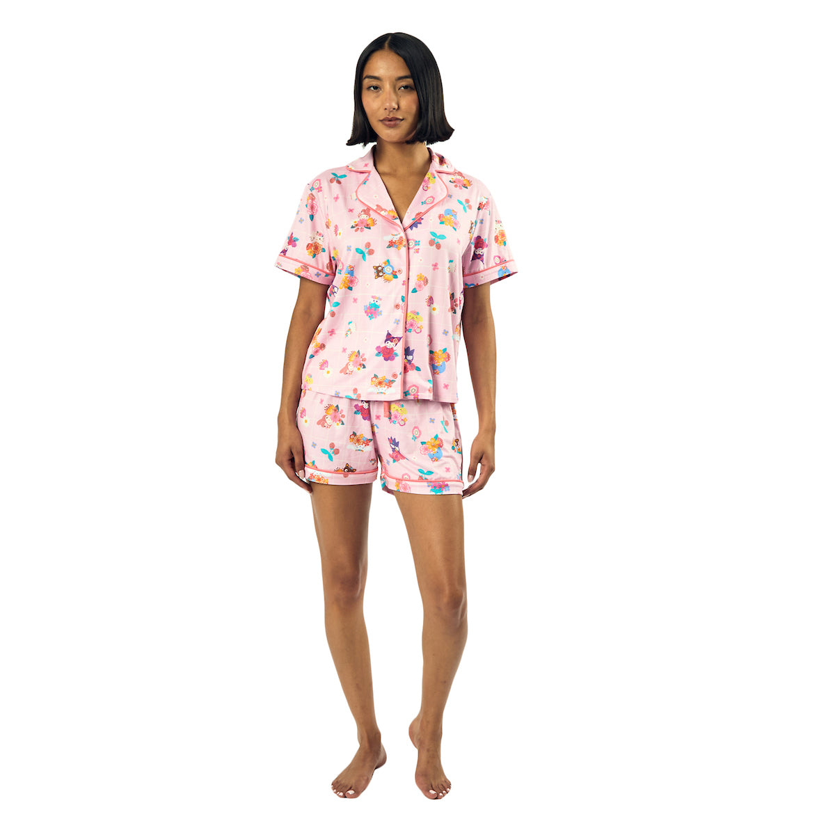 Hello Kitty & Friends Floral Character Print Women's Pink Sleep Shirt & Shorts Set