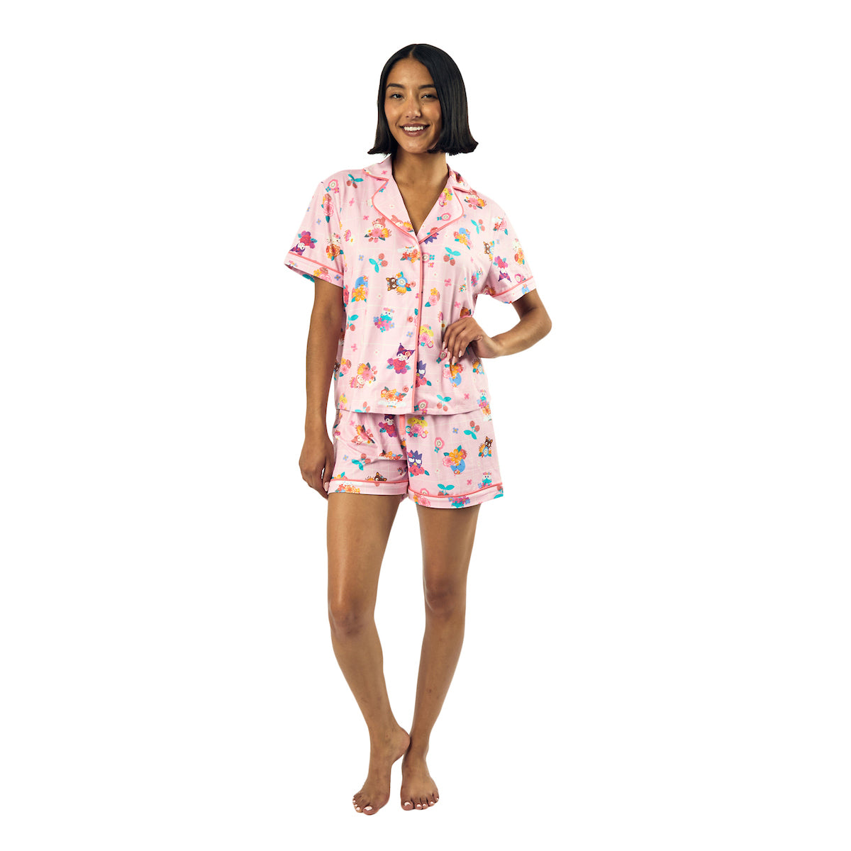 Hello Kitty & Friends Floral Character Print Women's Pink Sleep Shirt & Shorts Set