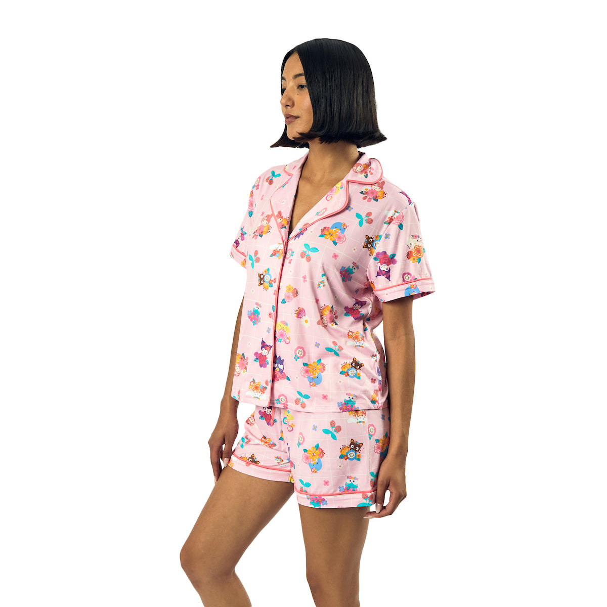 Hello Kitty & Friends Floral Character Print Women's Pink Sleep Shirt & Shorts Set