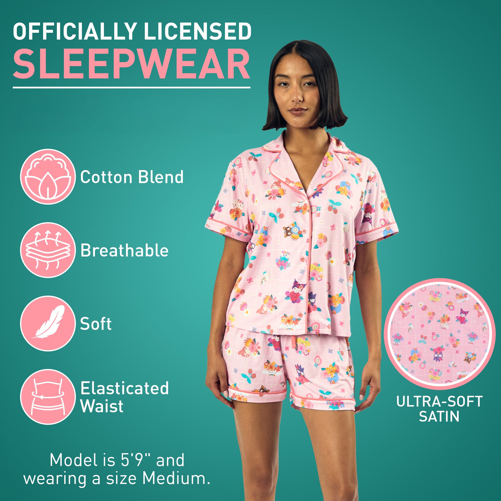 Hello Kitty & Friends Floral Character Print Women's Pink Sleep Shirt & Shorts Set