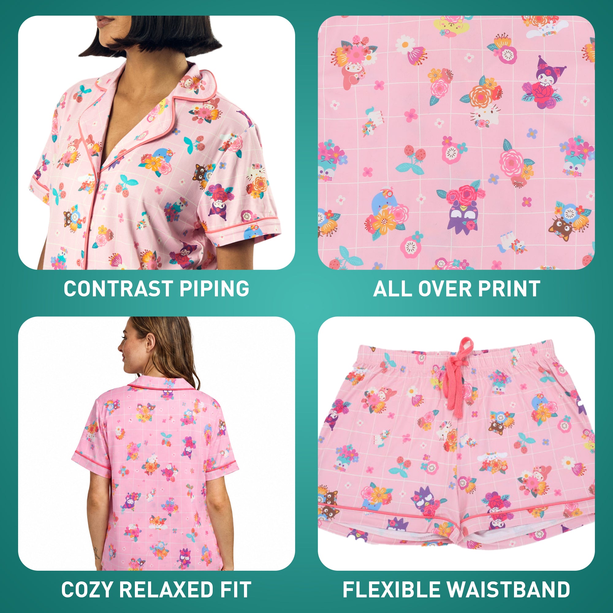 Hello Kitty & Friends Floral Character Print Women's Pink Sleep Shirt & Shorts Set