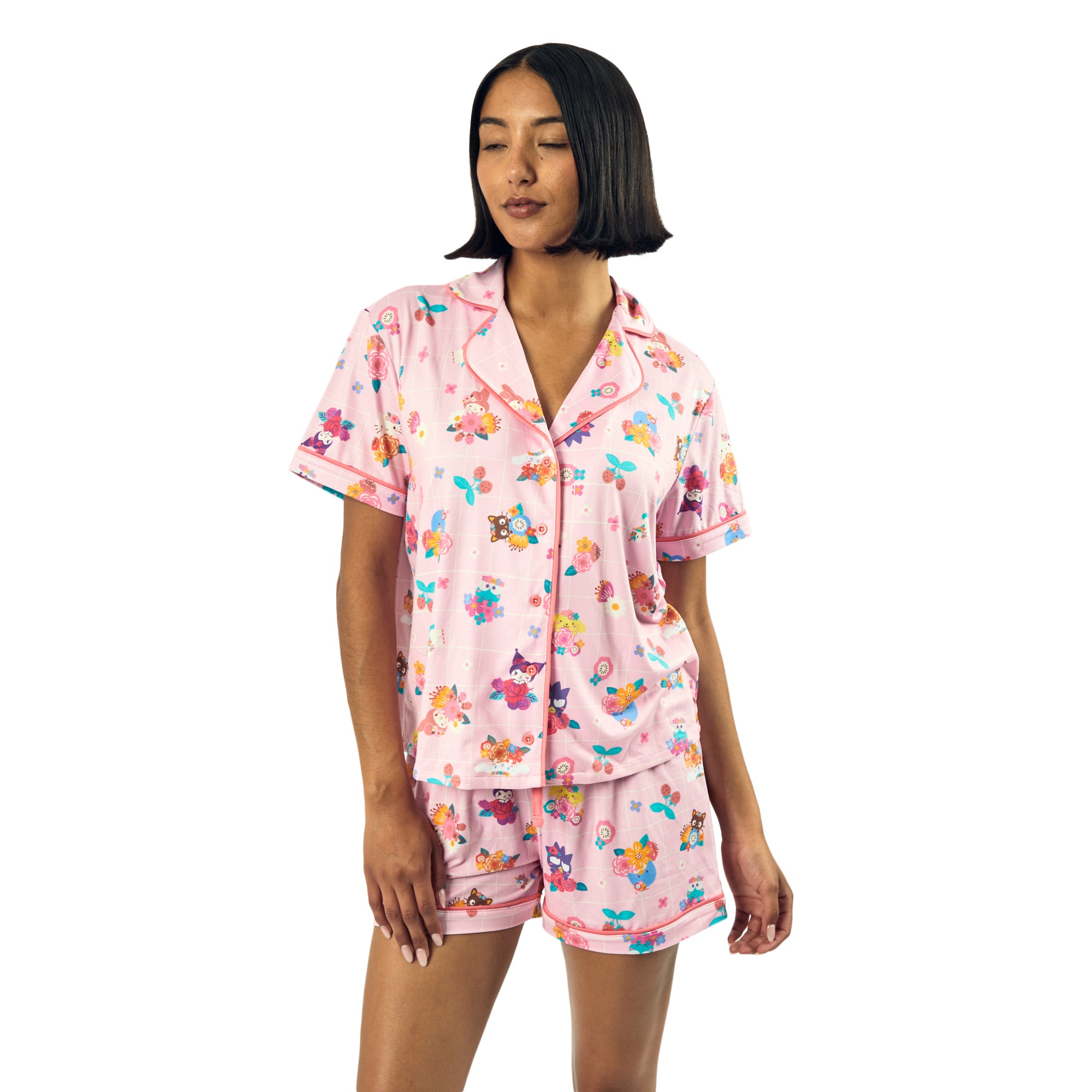 Hello Kitty & Friends Floral Character Print Women's Pink Sleep Shirt & Shorts Set