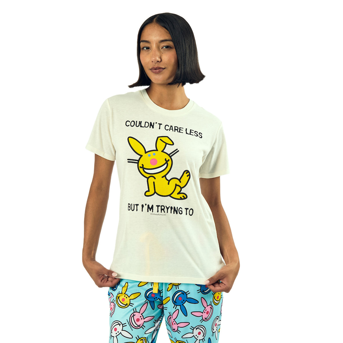 It's Happy Bunny Couldn't Care Less Women's Oversized Short Sleeve Tee & Lounge Pants Set