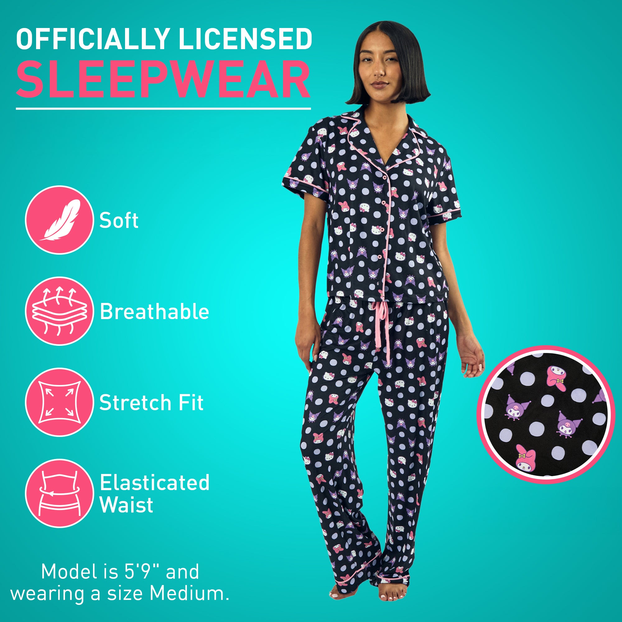 Hello Kitty & Friends Character Heads Women's Polka Dot Sleep Shirt & Pants Set