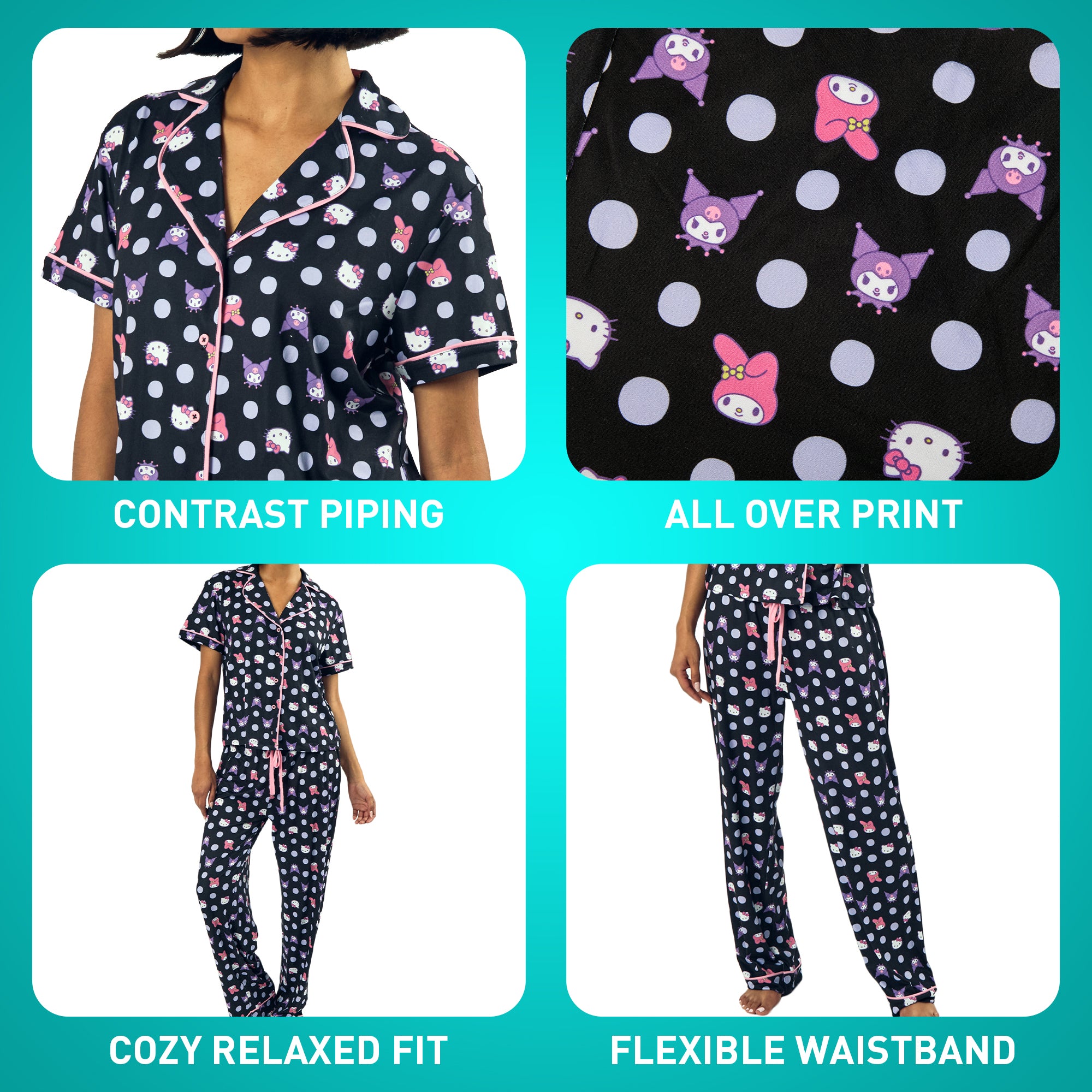 Hello Kitty & Friends Character Heads Women's Polka Dot Sleep Shirt & Pants Set