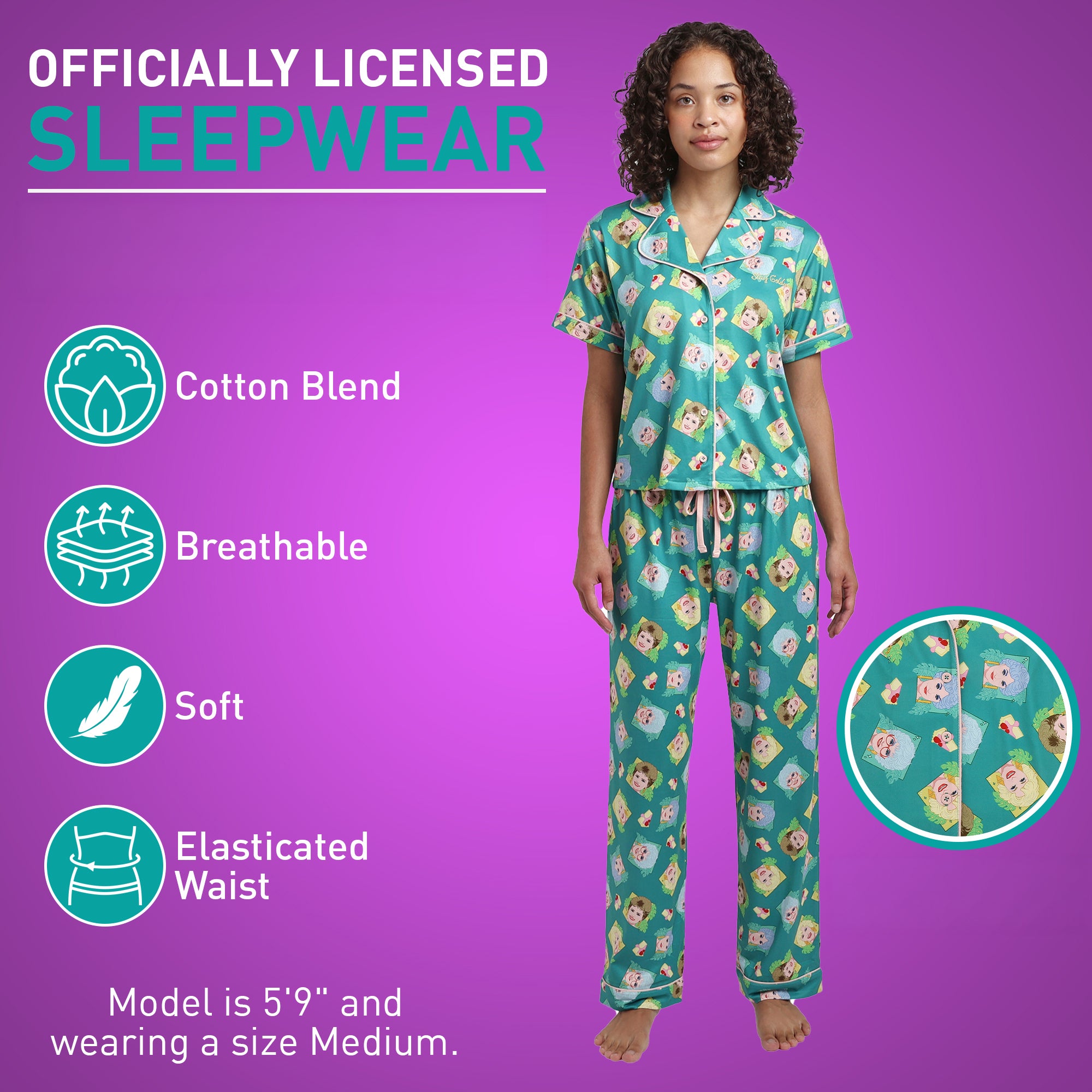 Golden Girls Characters All-Over Print Women's Button-Down Shirt And Pants 2-Piece Pajama Set