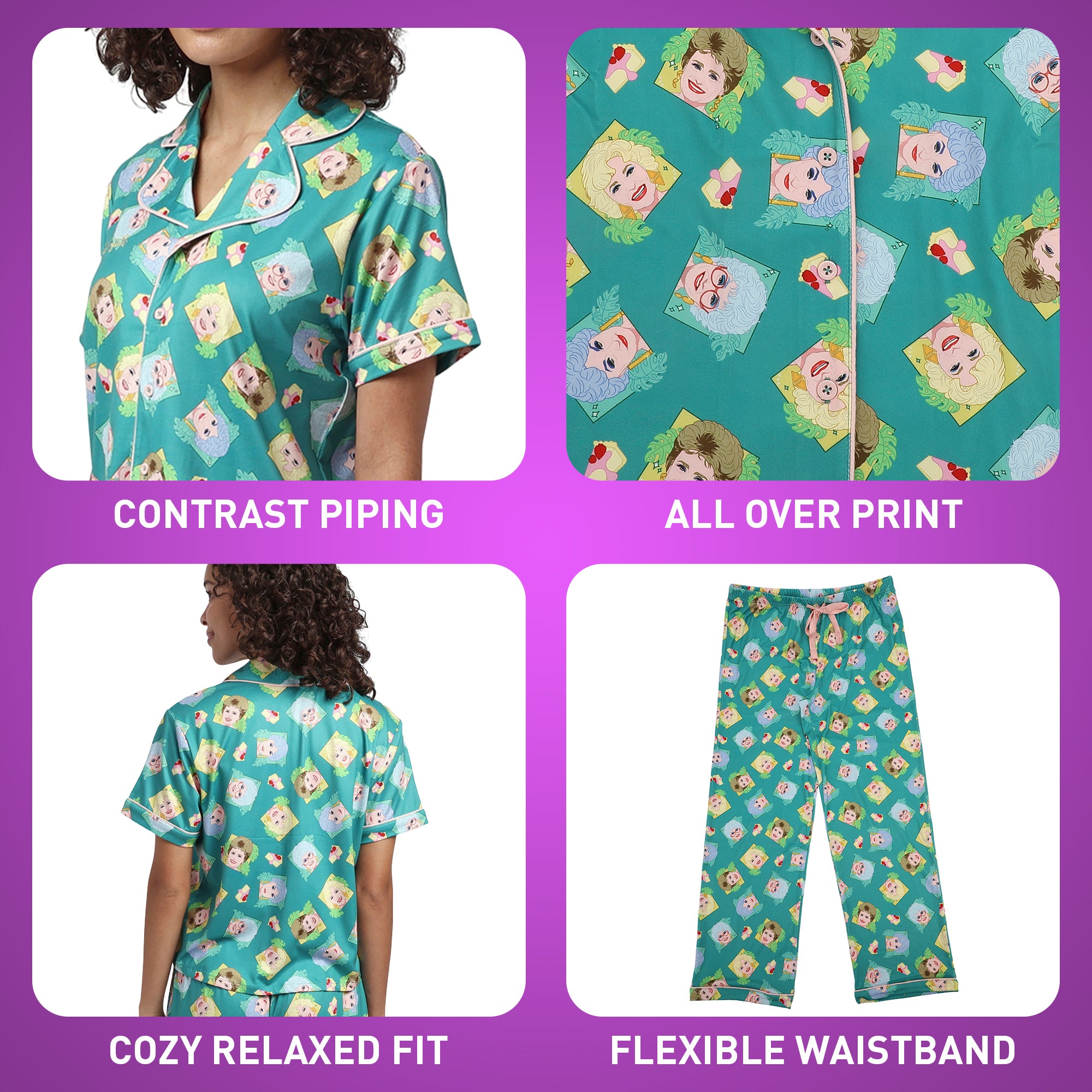 Golden Girls Characters All-Over Print Women's Button-Down Shirt And Pants 2-Piece Pajama Set