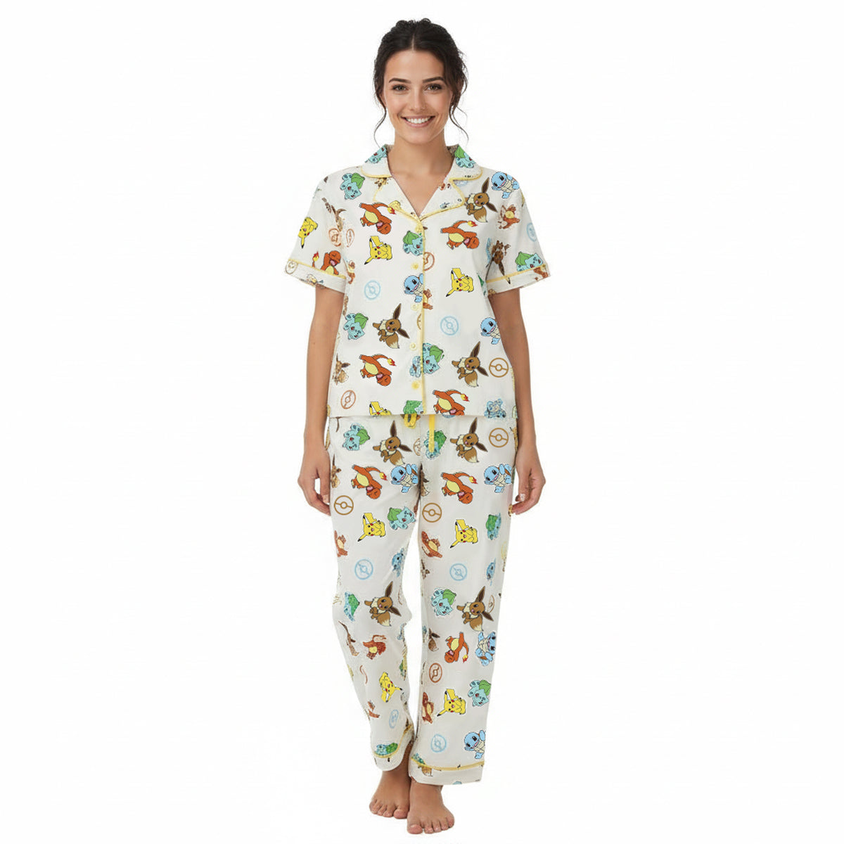 Pokemon All-Over Print Women's Button-Down Shirt And Pants 2-Piece Pajama Set