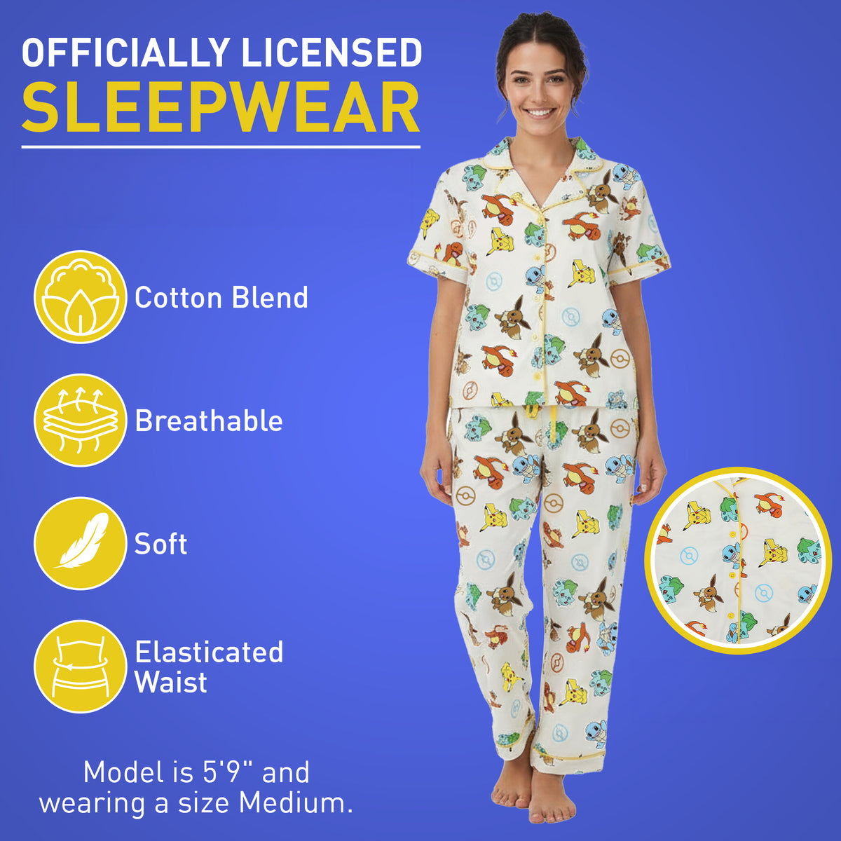 Pokemon All-Over Print Women's Button-Down Shirt And Pants 2-Piece Pajama Set