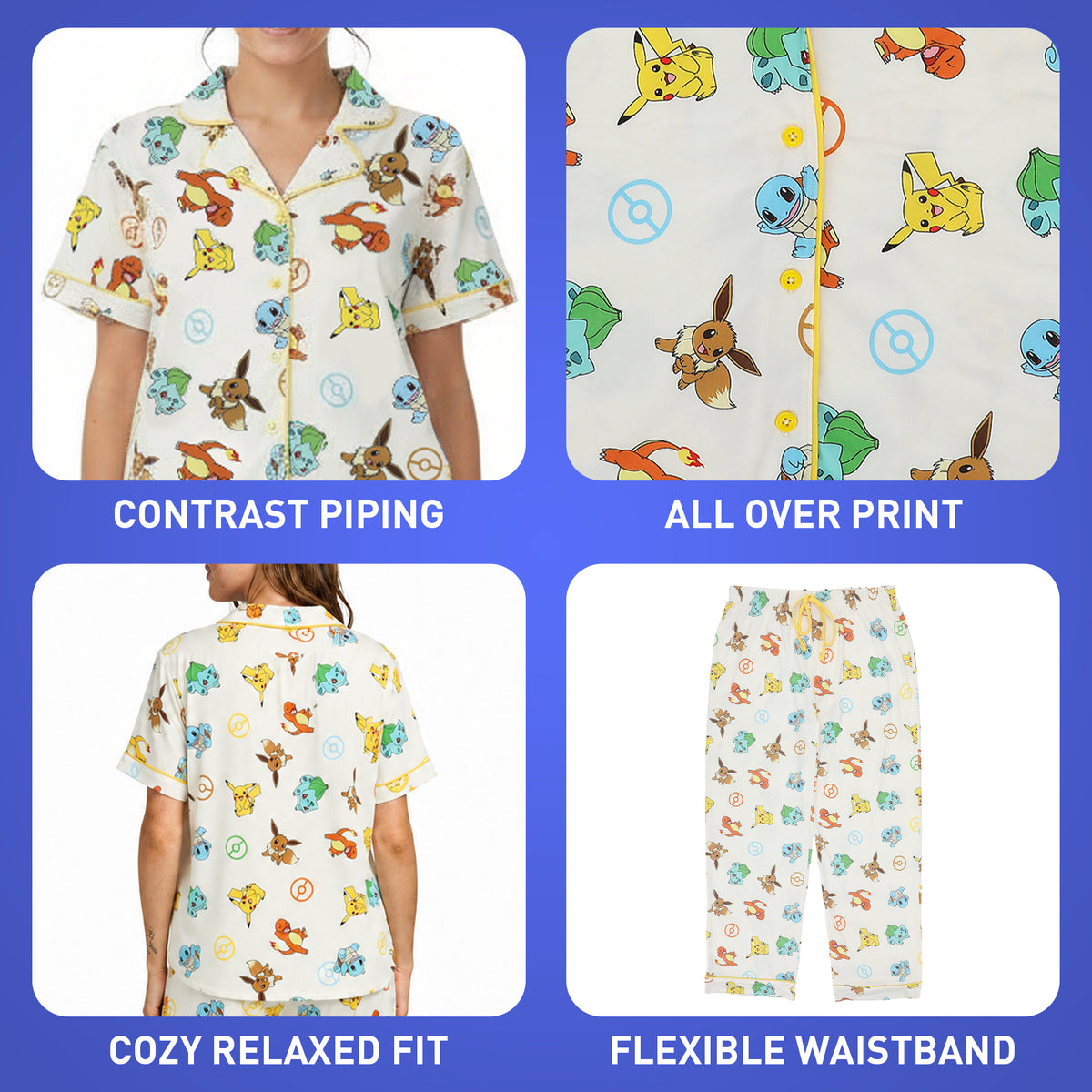 Pokemon All-Over Print Women's Button-Down Shirt And Pants 2-Piece Pajama Set