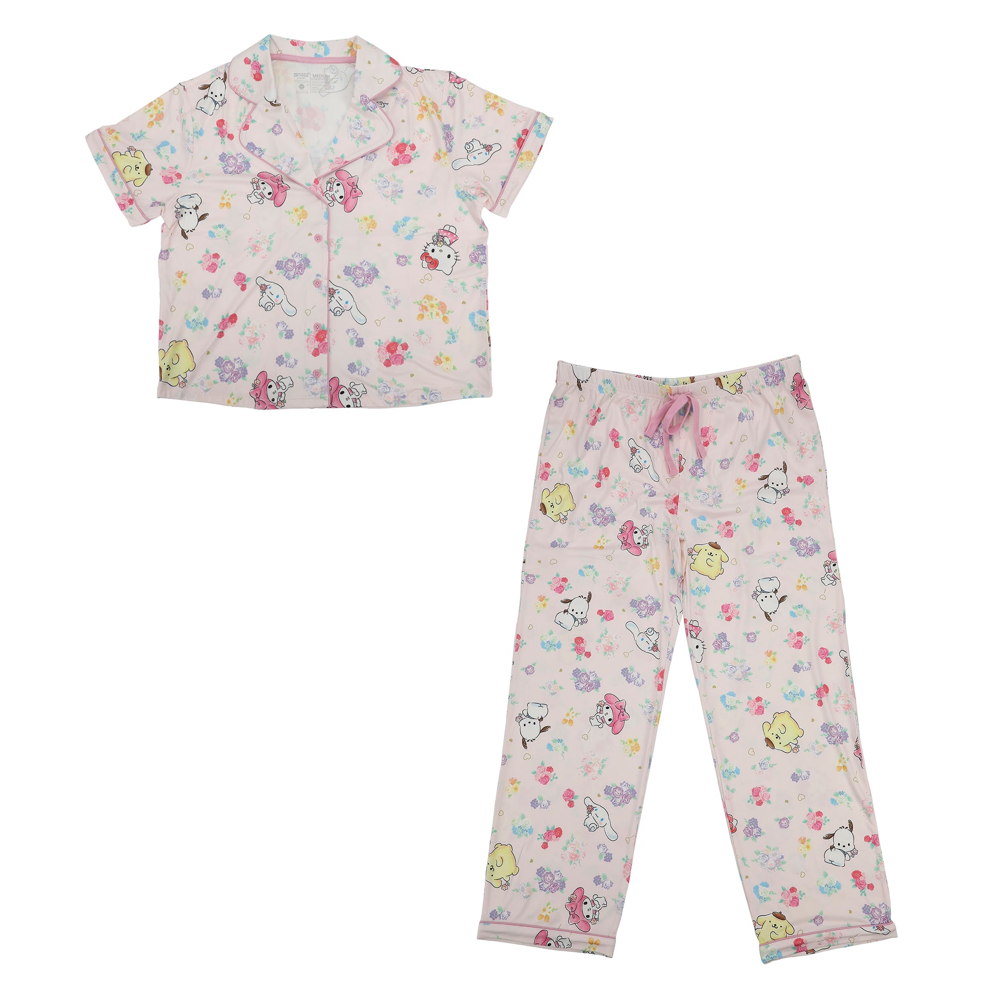 Hello Kitty & Friends All-Over Print Women's Button-Down Shirt And Pants 2-Piece Pajama Set