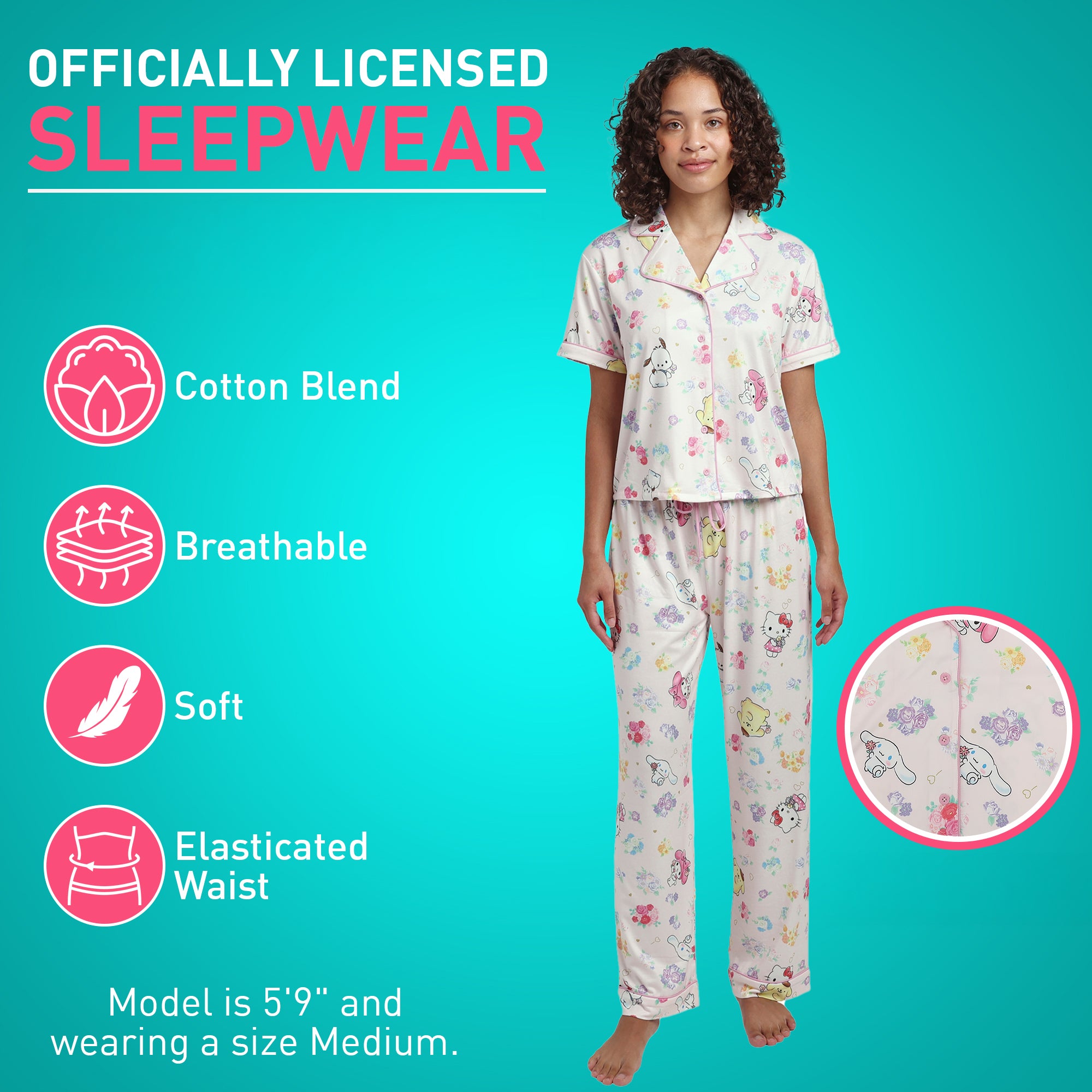 Hello Kitty & Friends All-Over Print Women's Button-Down Shirt And Pants 2-Piece Pajama Set