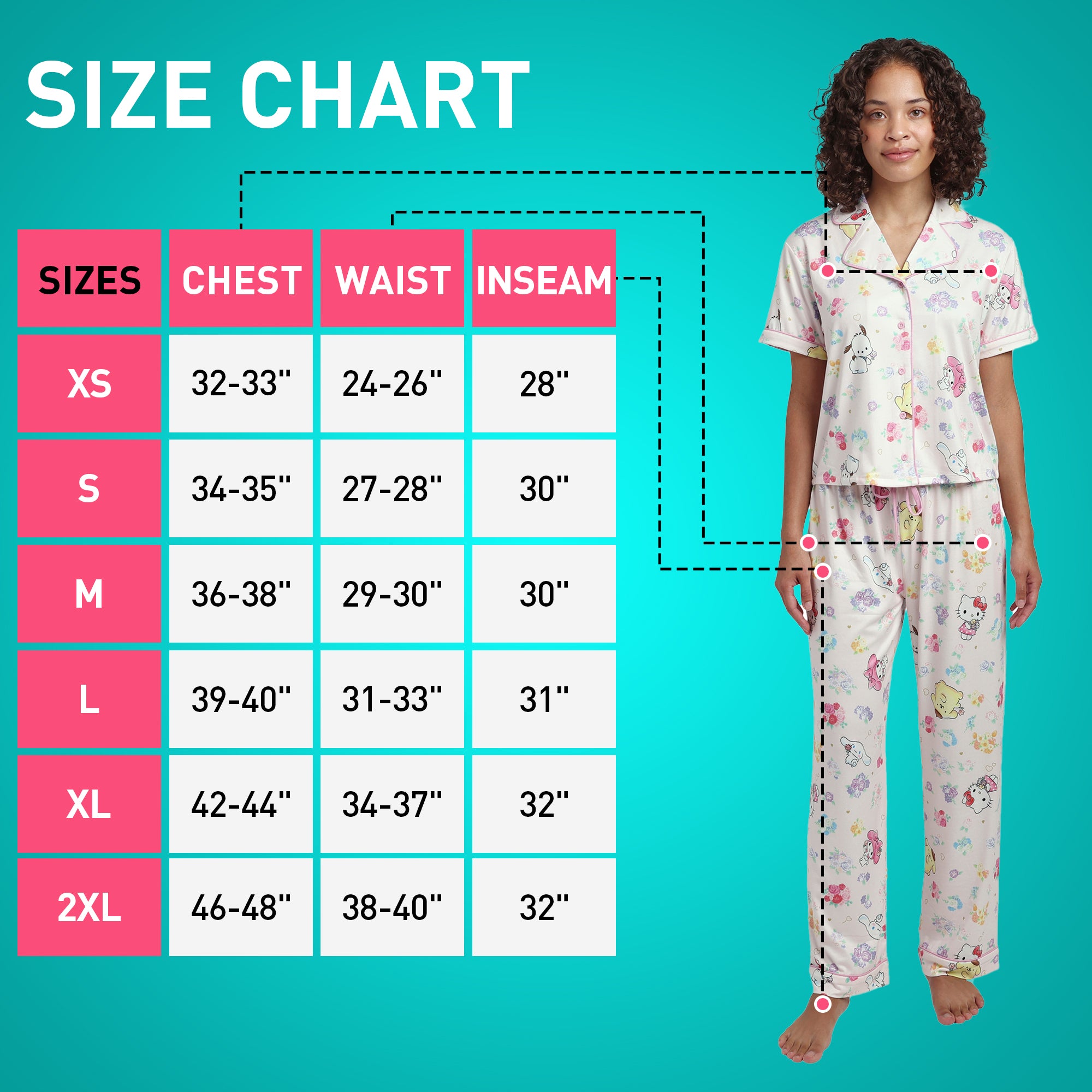 Hello Kitty & Friends All-Over Print Women's Button-Down Shirt And Pants 2-Piece Pajama Set