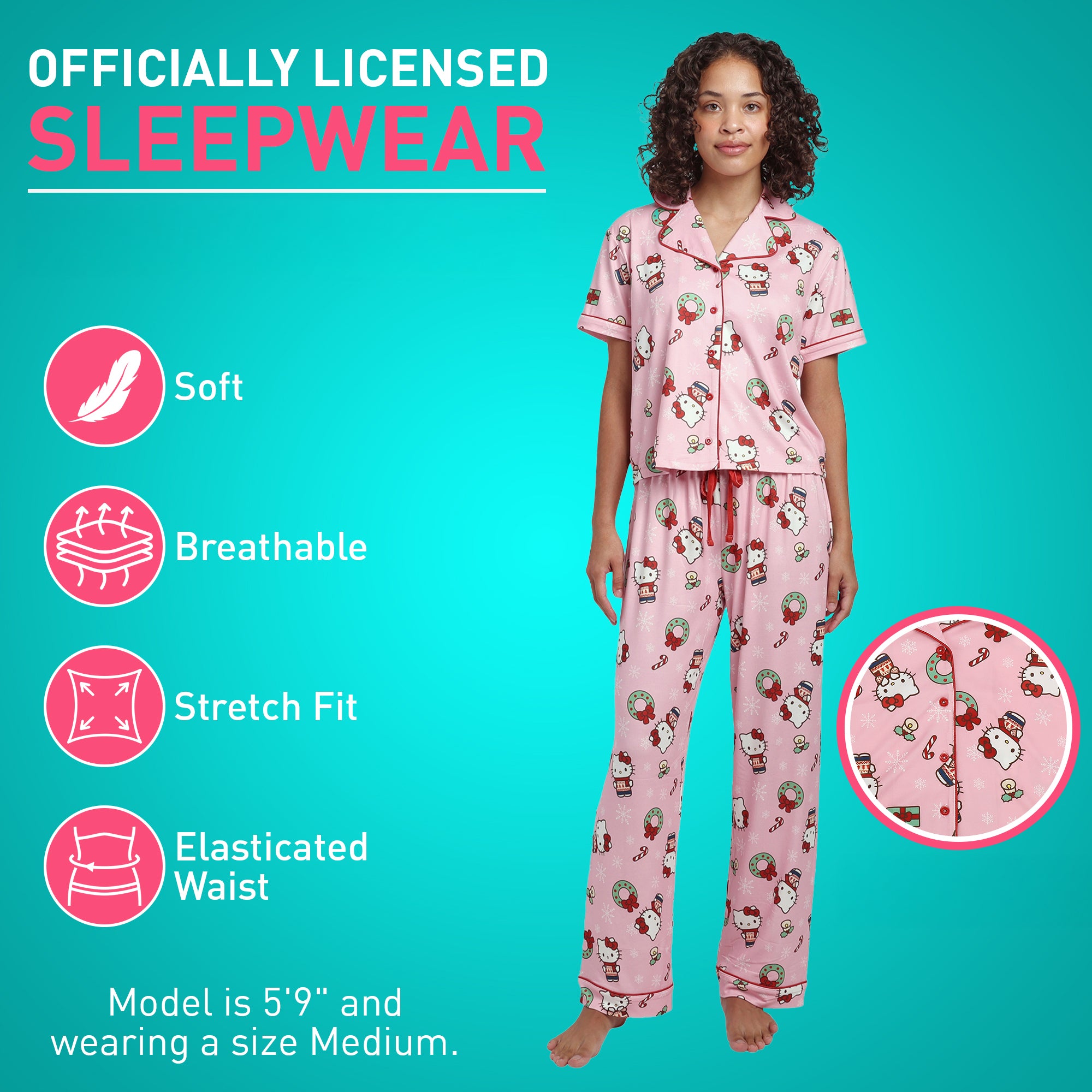 Hello Kitty Holiday All-Over Print Women's Button-Down Shirt And Pants Traditional 2-Piece Pajama Set